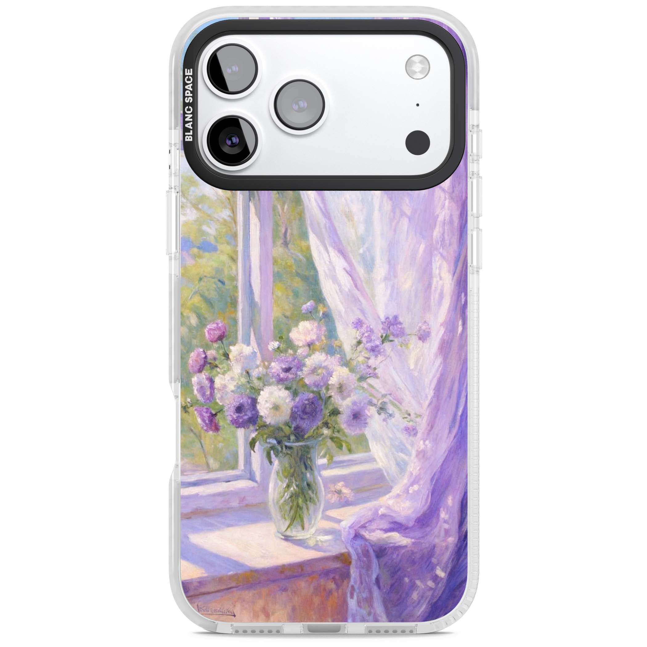 A Provence Morning impressionist art iPhone case featuring a vase of purple flowers, sunlit window and sheer curt | Black Impact case for iPhone 17 Pro, iPhone 17 Pro Max