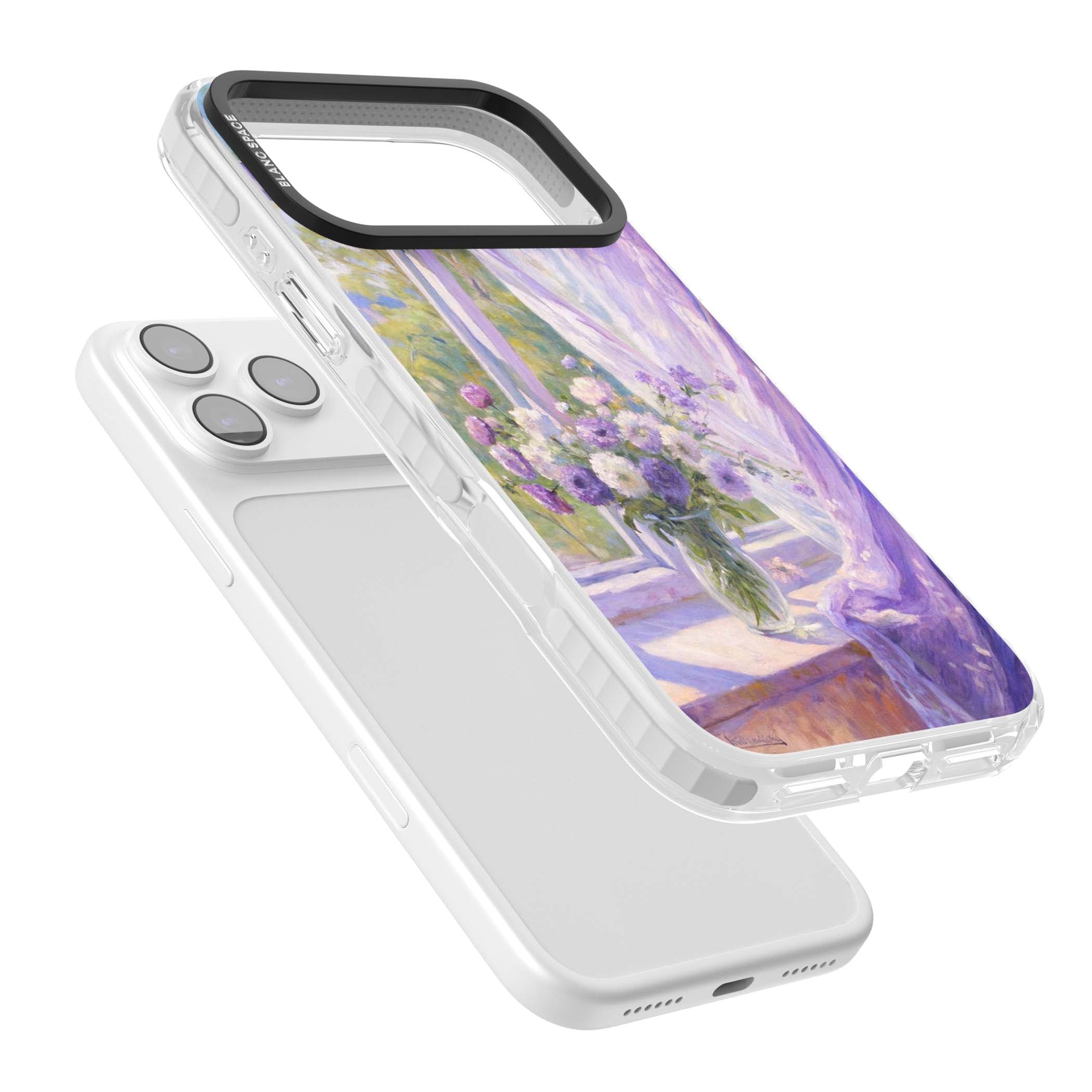 A Provence Morning impressionist art iPhone case featuring a vase of purple flowers, sunlit window and sheer curt | Black Impact case for iPhone 17 Pro, iPhone 17 Pro Max