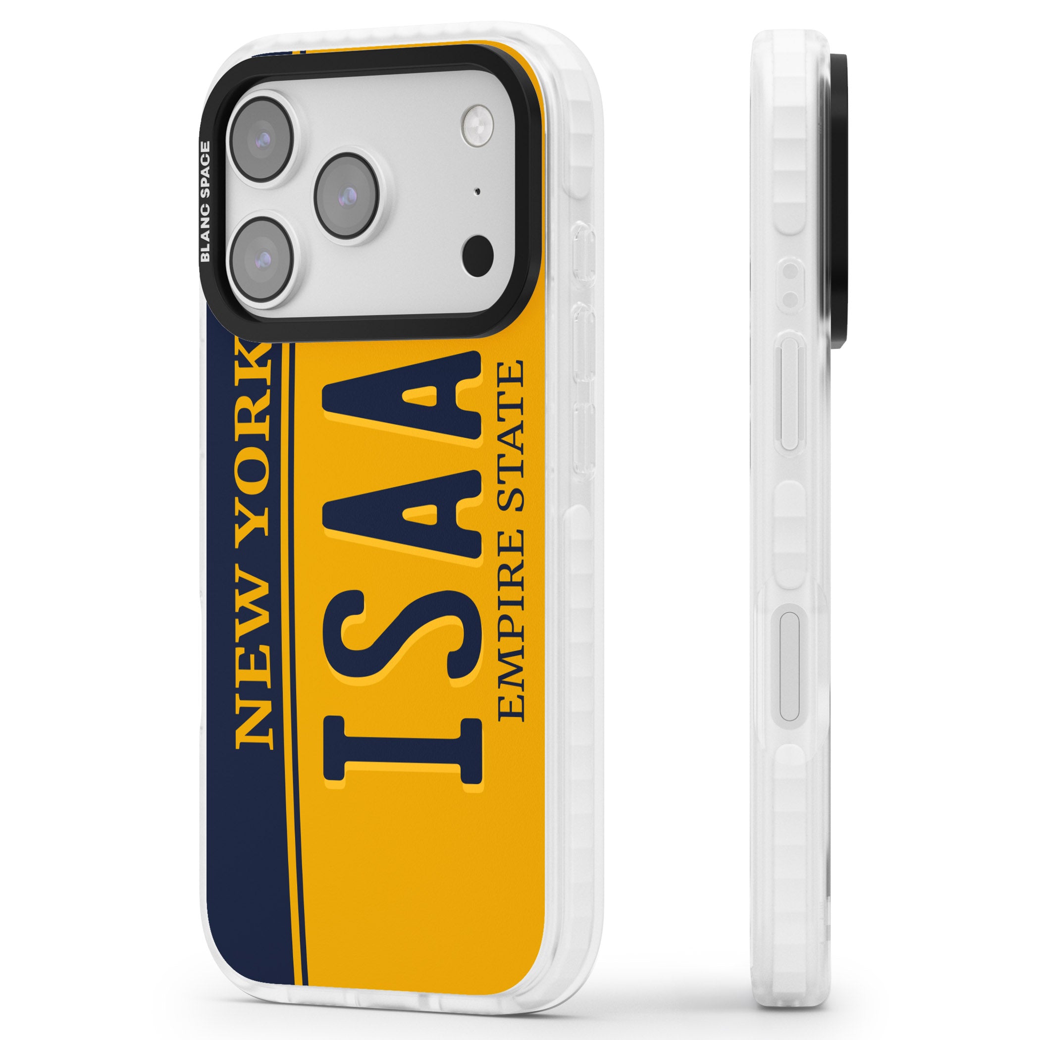 Personalised New York License Plate iPhone 17 Pro Impact Clear Phone Case Side Profile