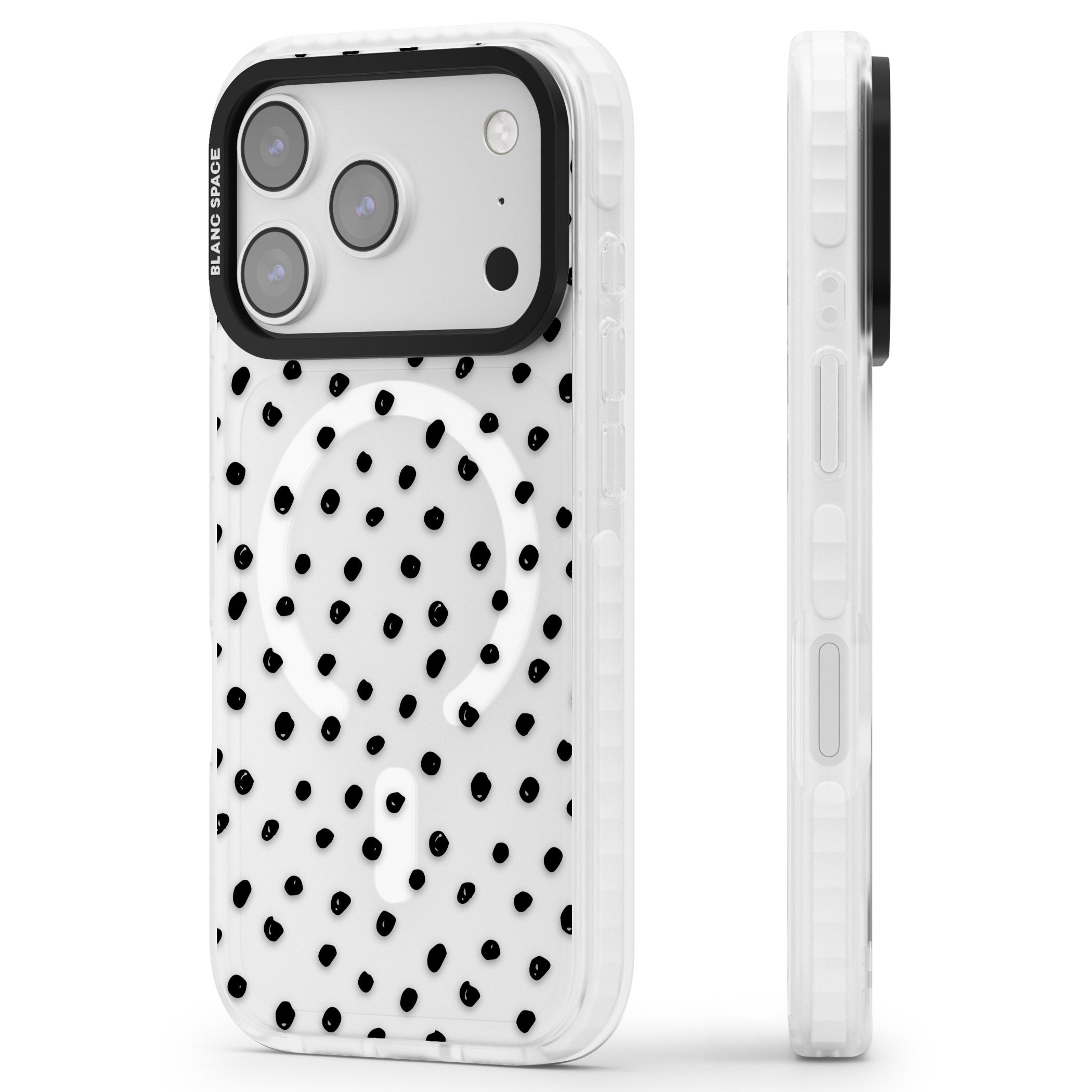 Messy Black Dot Pattern iPhone 17 Pro Impact Pro Clear Phone Case Side Profile