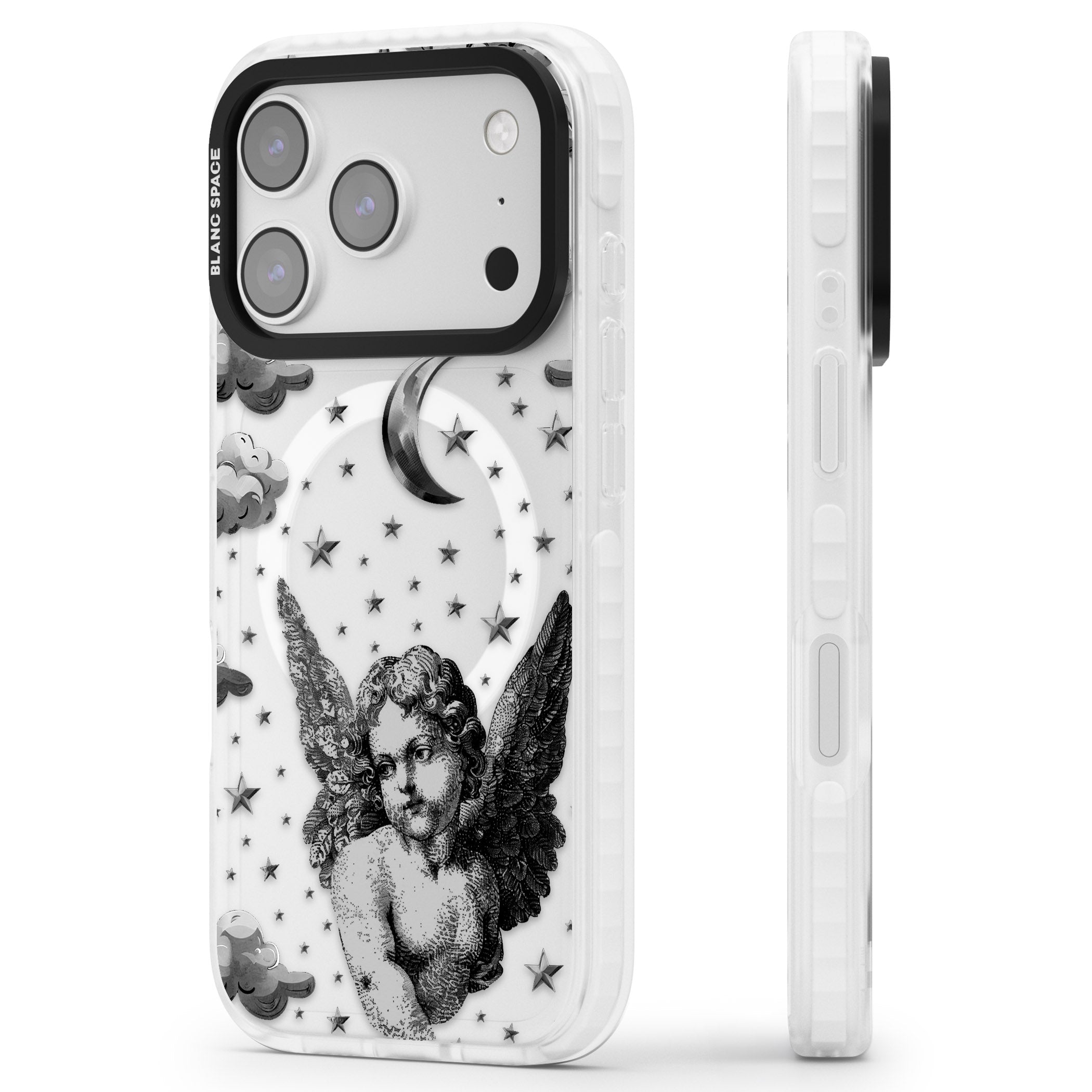 Celestial Cherub iPhone 17 Pro Impact Pro Clear Phone Case Side Profile
