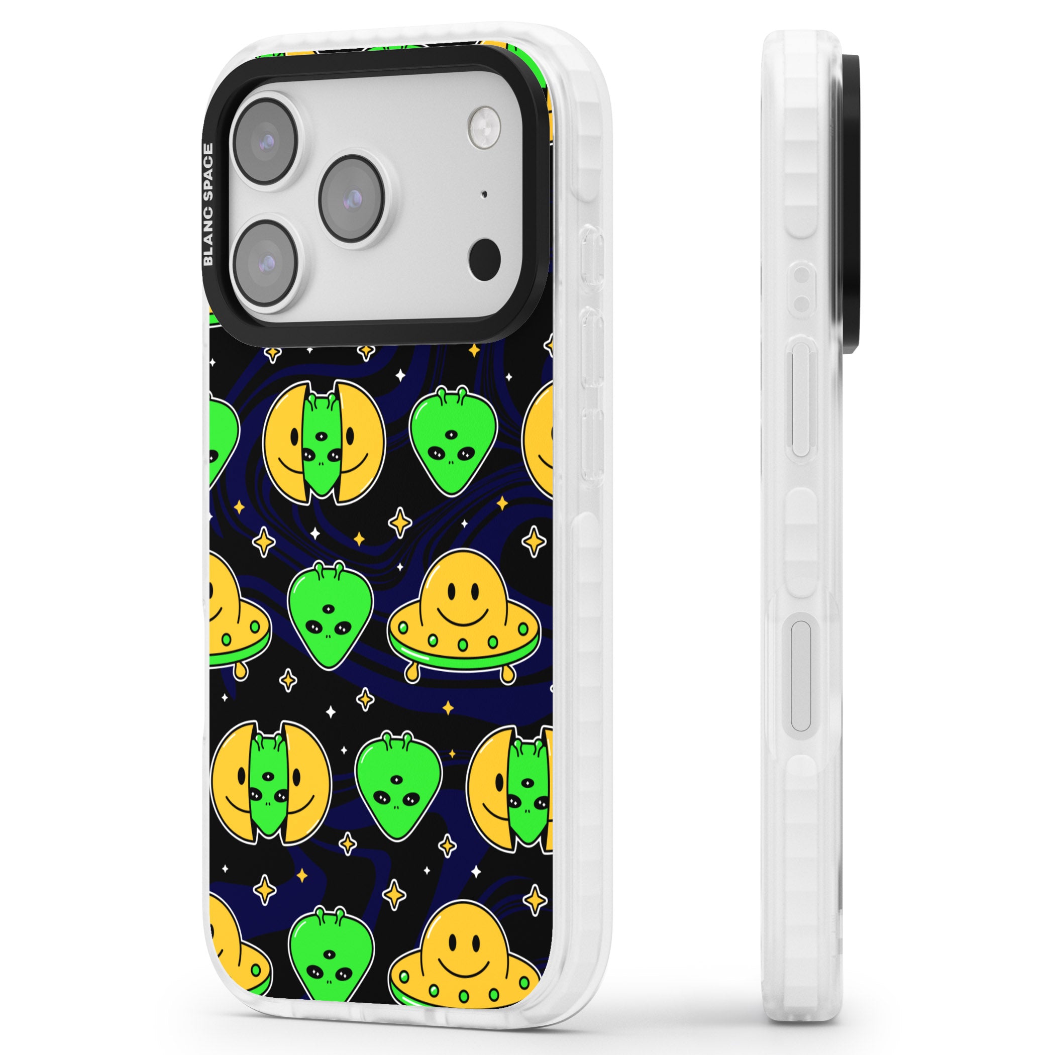 Alien Head Pattern iPhone 17 Pro Impact Pro Clear Phone Case Side Profile