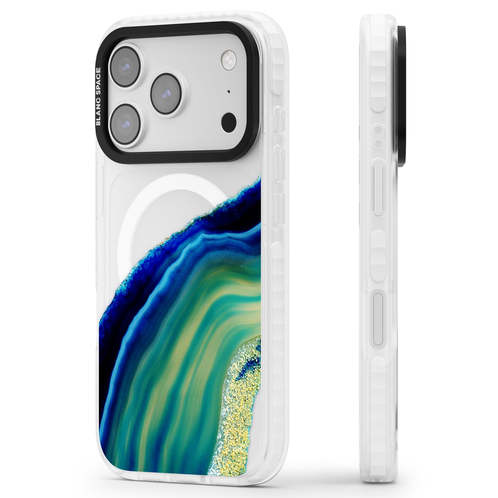 Green & Blue Emerald Geode iPhone 17 Pro Impact Pro Clear Phone Case Side Profile