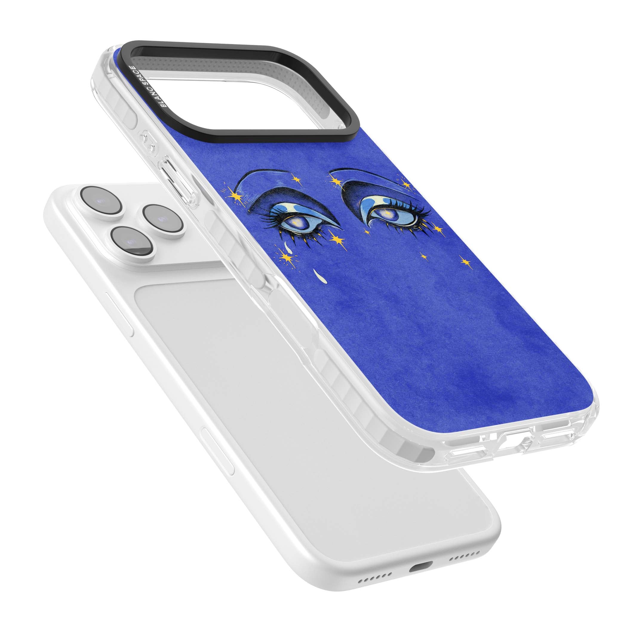 Blue Mystic Eyes celestial iPhone case featuring hand drawn blue mystical eyes, golden stars and a painted tear on indigo | Impact Magsafe case for iPhone 17 Pro, iPhone 17 Pro Max