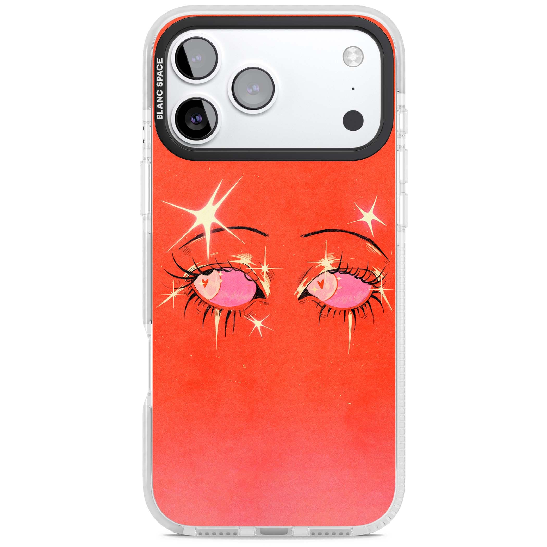 Pink Ethereal Eyes anime iPhone case featuring hand-drawn sparkly eyes with pink hearts and gold stars on red | Impact Magsafe case for iPhone 17 Pro, iPhone 17 Pro Max