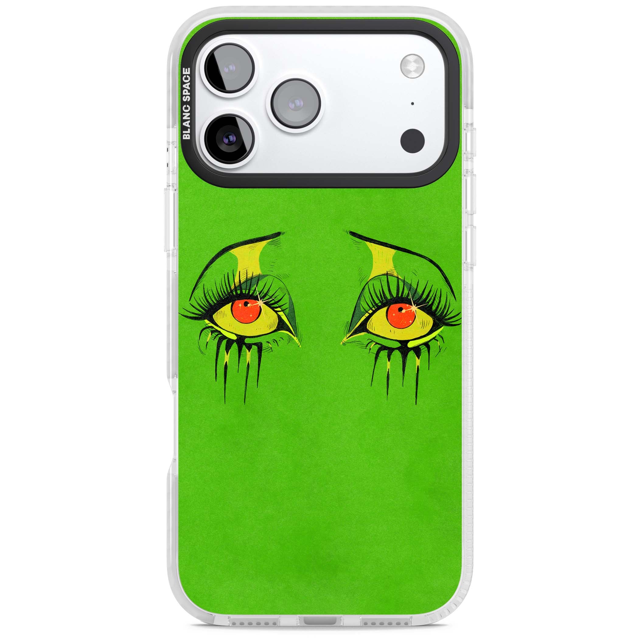 Green Enchanted Eyes psychedelic art iPhone case featuring hand-drawn dripping eyes on neon green background | Impact Magsafe case for iPhone 17 Pro, iPhone 17 Pro Max
