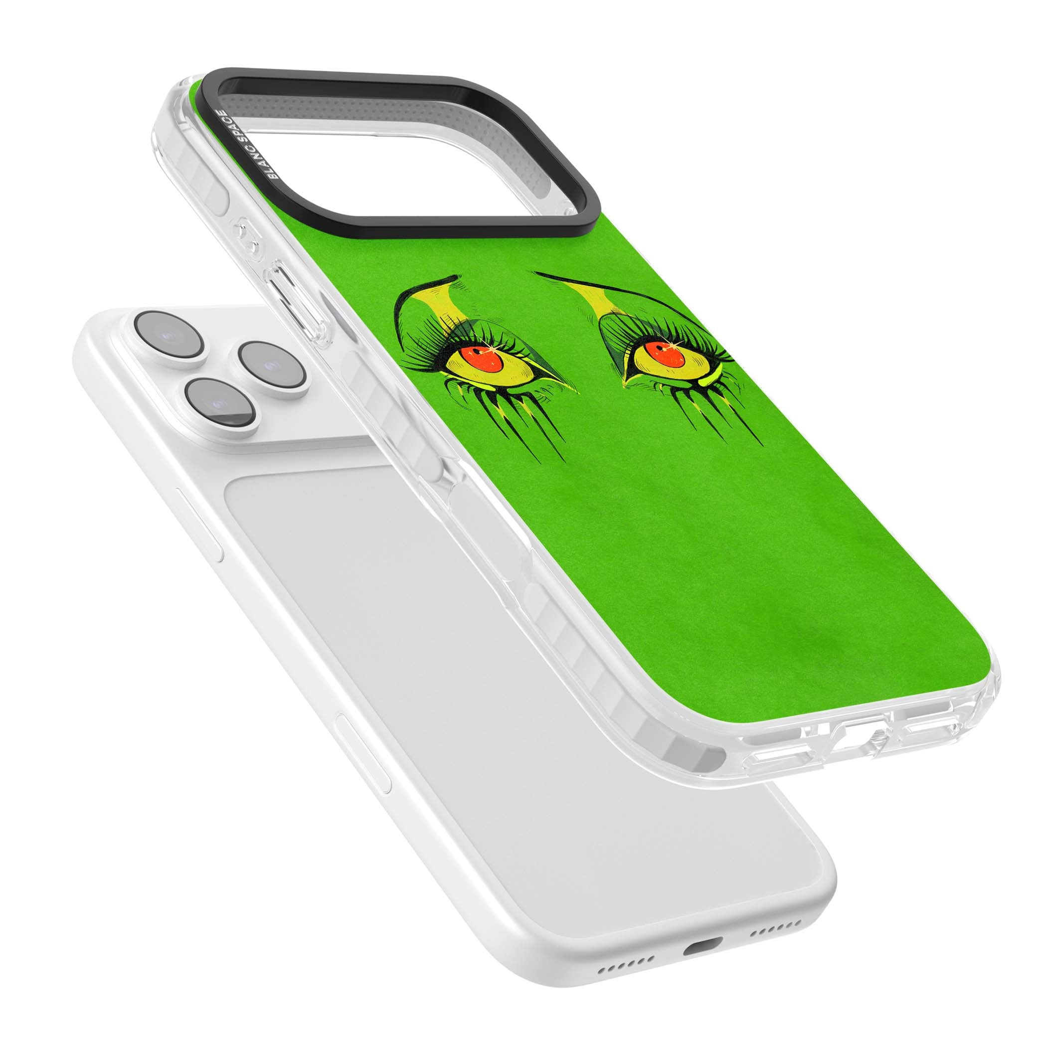 Green Enchanted Eyes psychedelic art iPhone case featuring hand-drawn dripping eyes on neon green background | Impact Magsafe case for iPhone 17 Pro, iPhone 17 Pro Max