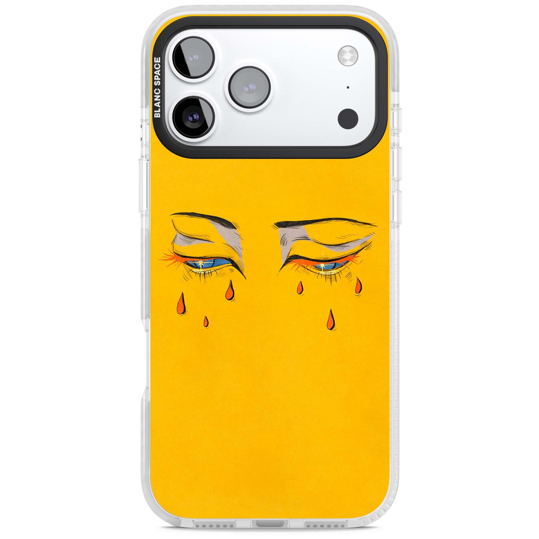 Yellow Tearful Eyes indie iPhone case featuring hand-drawn crying eyes with orange tears on a yellow background | Impact Magsafe case for iPhone 17 Pro, iPhone 17 Pro Max