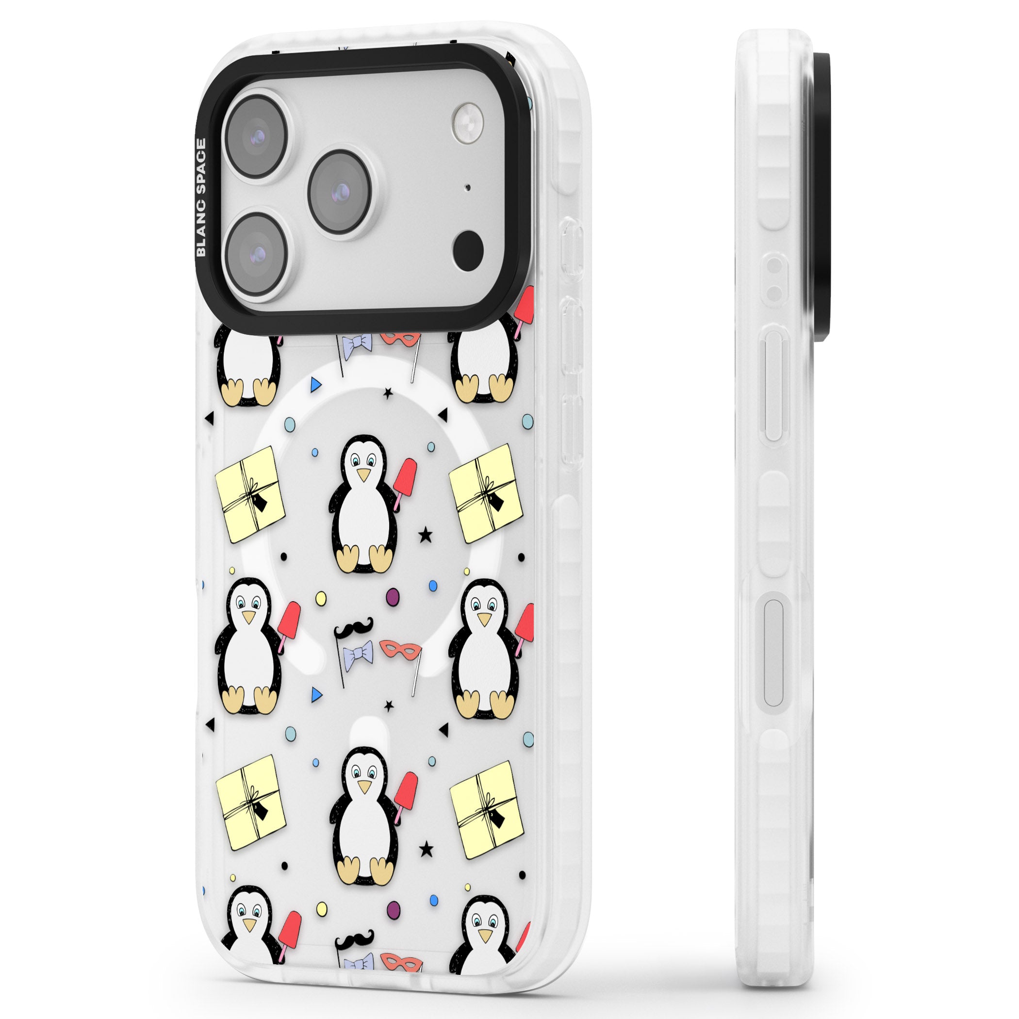 Cute Penguin Pattern Clear iPhone 17 Pro Impact Pro Clear Phone Case Side Profile