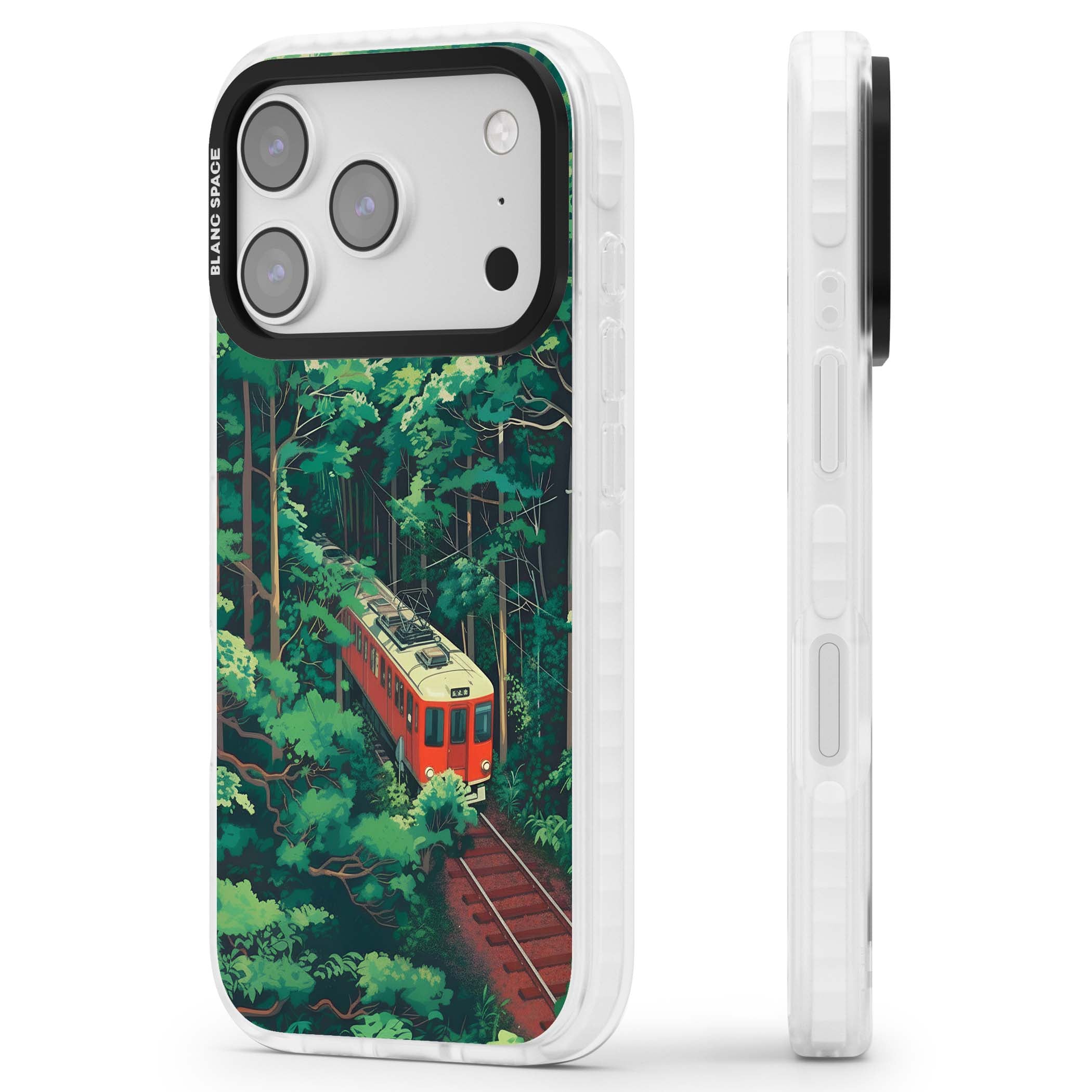 Railway In Toyama Japanese iPhone case featuring a red train, cedar forest and winding mountain railway tracks | Impact Magsafe case for iPhone 17 Pro, iPhone 17 Pro Max