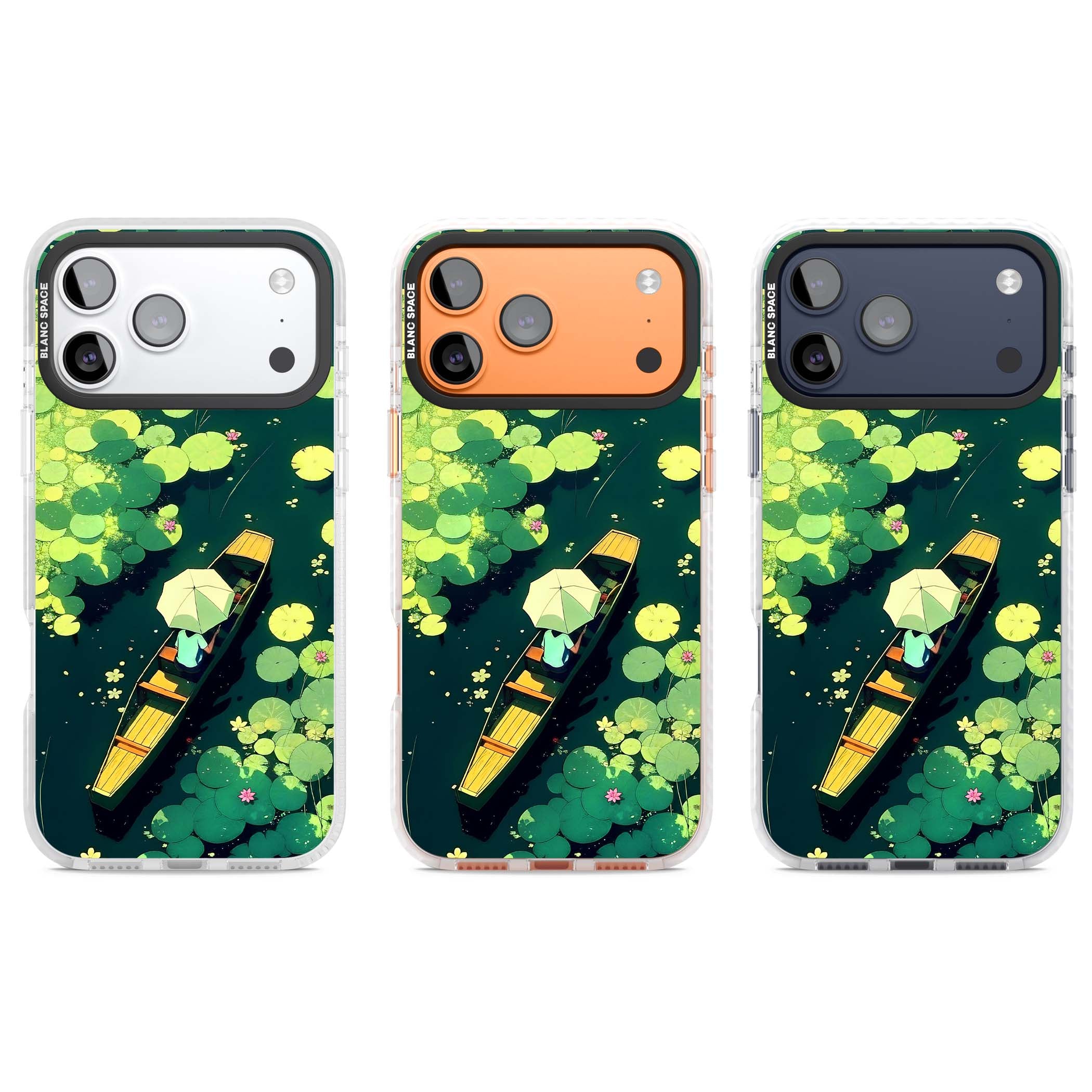 Jade Waters cottagecore iPhone case featuring a painted lily pond, wooden boat with parasol and floating water lilies | Impact Magsafe case for iPhone 17 Pro, iPhone 17 Pro Max