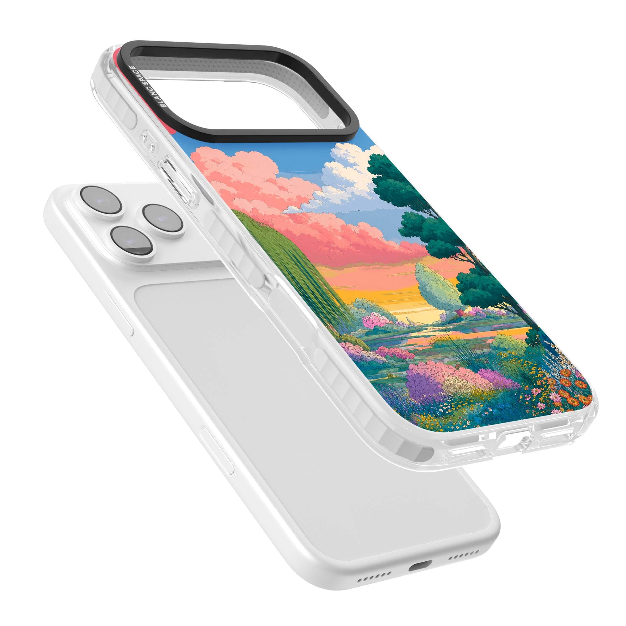 Dream Valley anime landscape iPhone case featuring pink sunset clouds, willow trees and wildflowers | Impact Magsafe case for iPhone 17 Pro, iPhone 17 Pro Max
