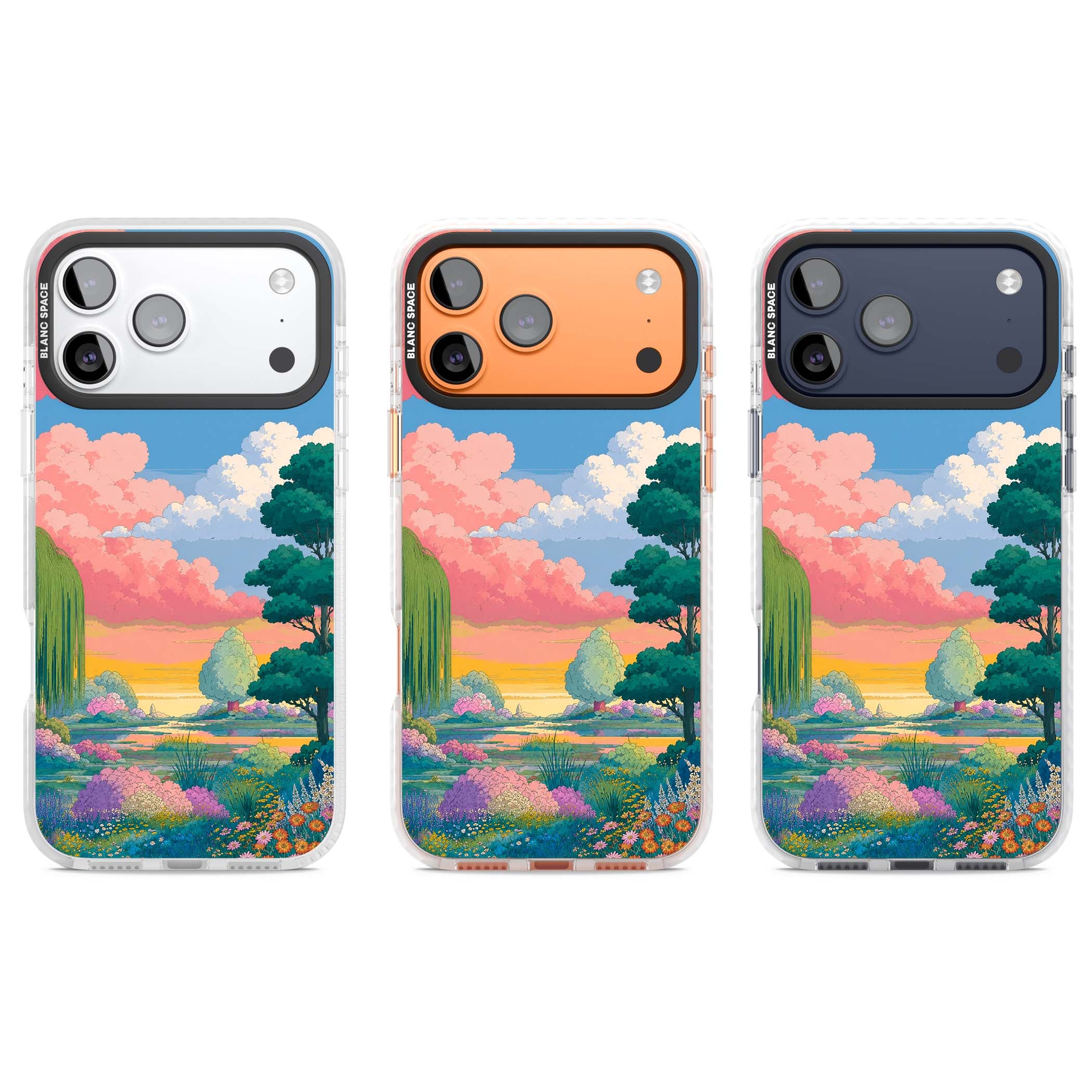 Dream Valley anime landscape iPhone case featuring pink sunset clouds, willow trees and wildflowers | Impact Magsafe case for iPhone 17 Pro, iPhone 17 Pro Max