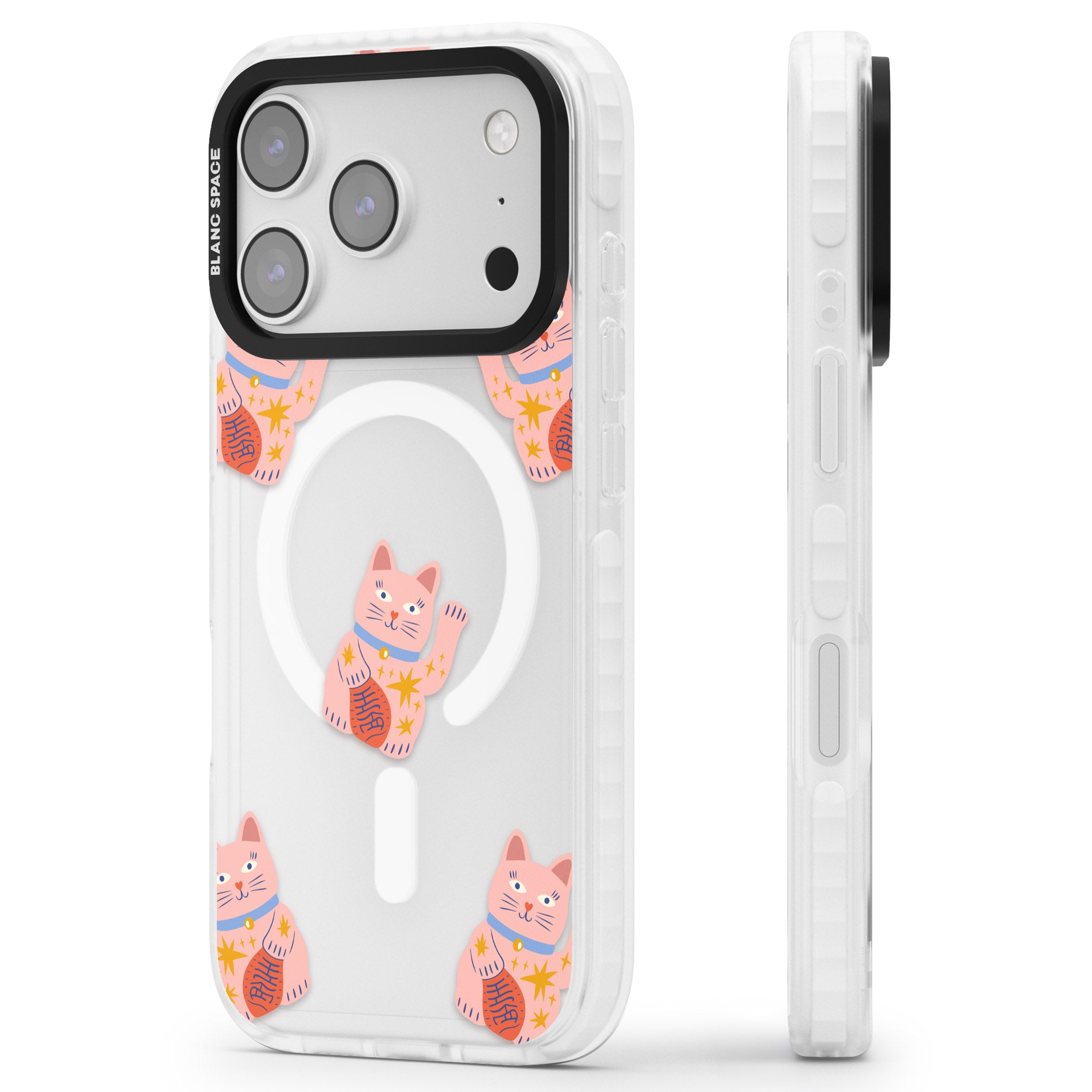 Waving Cat Pattern iPhone 17 Pro Impact Pro Clear Phone Case Side Profile