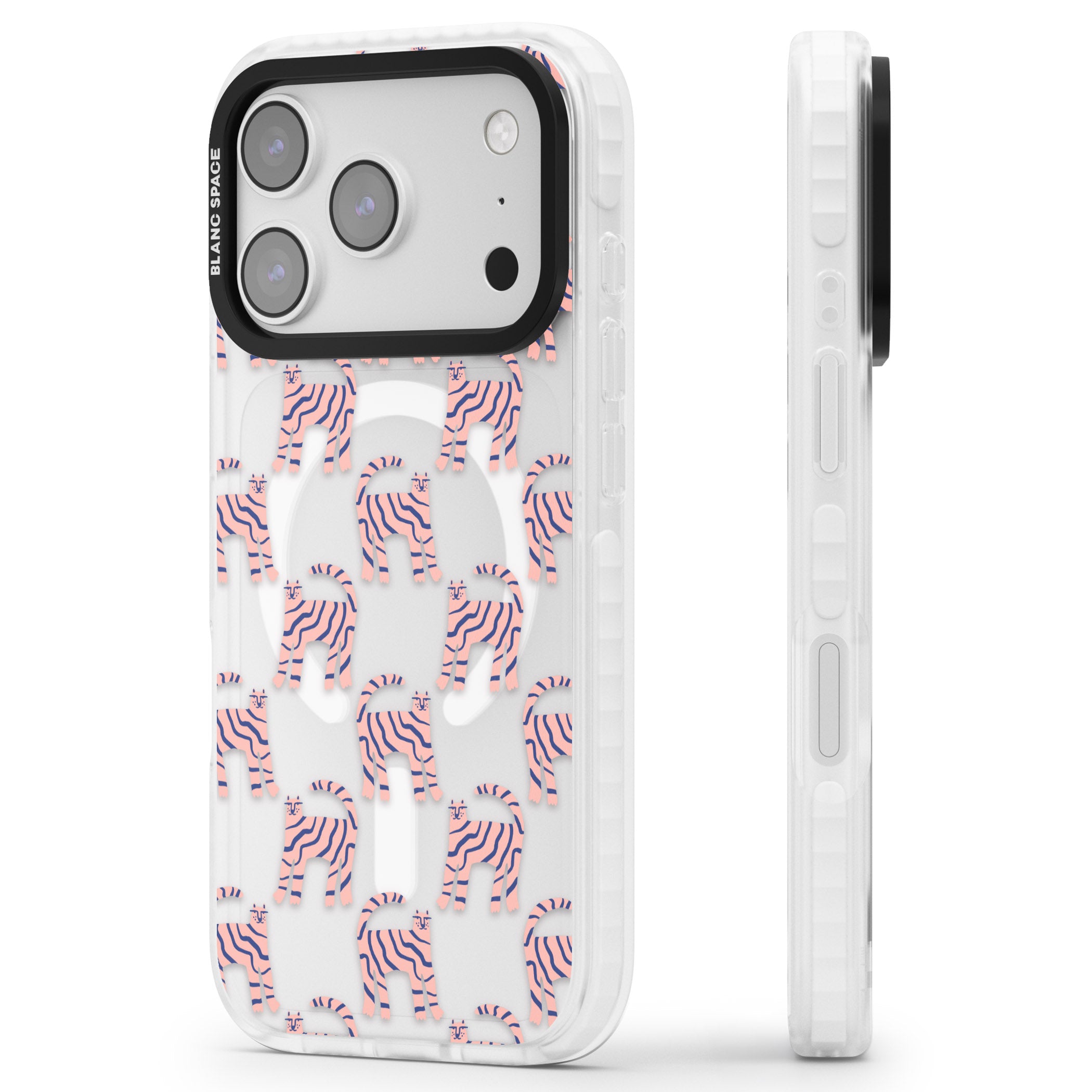 Pink And Blue Cat Pattern iPhone 17 Pro Impact Pro Clear Phone Case Side Profile