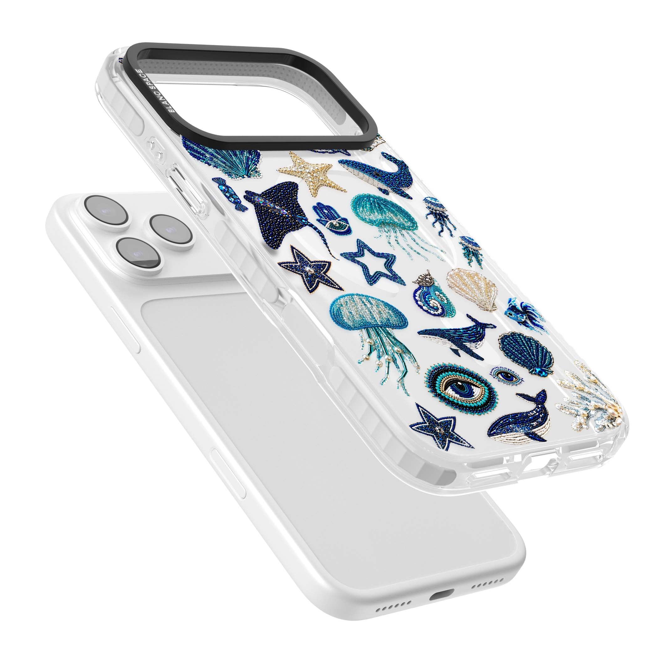 Beaded Coastal coastal iPhone case featuring embroidered seashells, jellyfish and a blue whale on clear | Impact Magsafe case for iPhone 17 Pro, iPhone 17 Pro Max