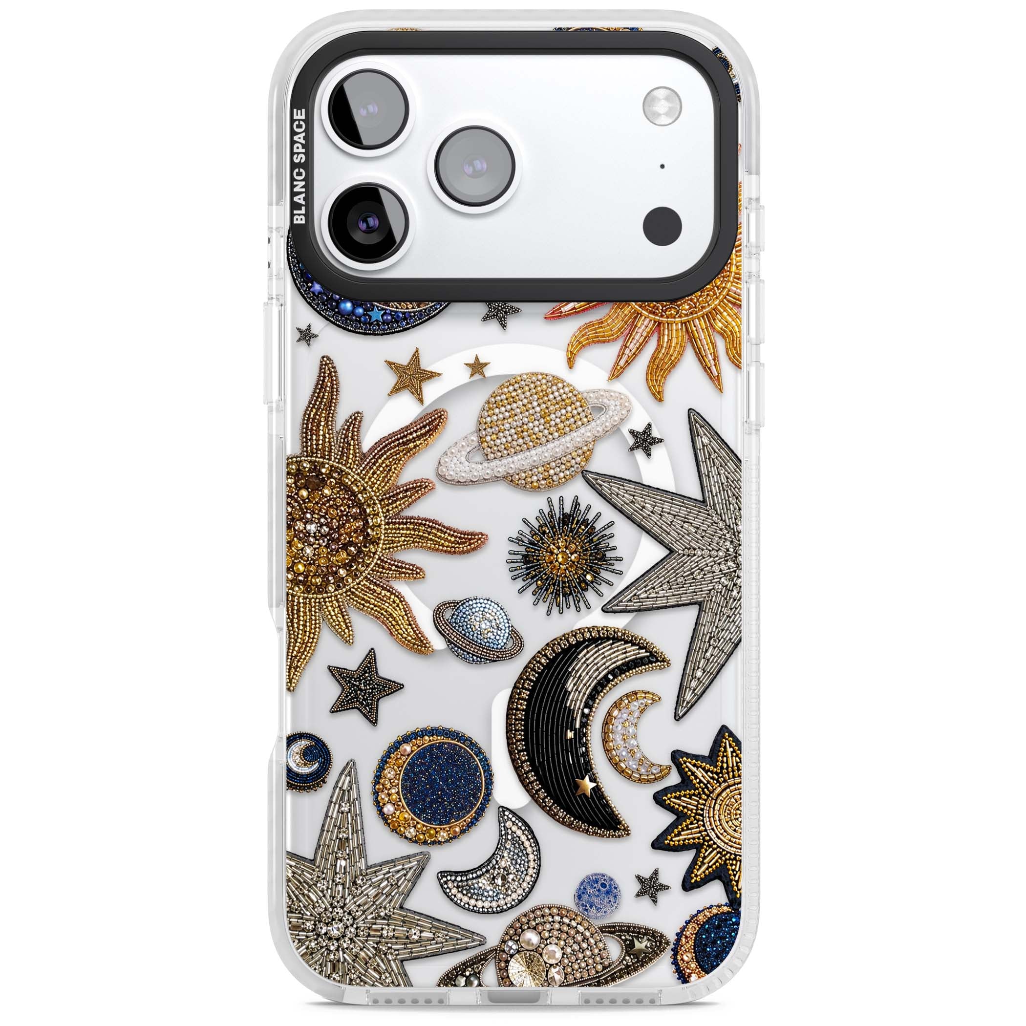 Beaded Cosmos celestial iPhone case featuring embroidered golden suns, beaded planets and silver shooting stars | Impact Magsafe case for iPhone 17 Pro, iPhone 17 Pro Max