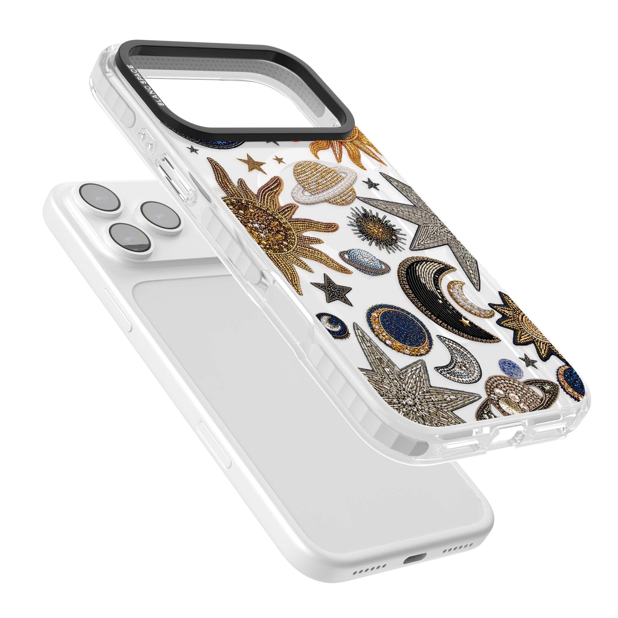 Beaded Cosmos celestial iPhone case featuring embroidered golden suns, beaded planets and silver shooting stars | Impact Magsafe case for iPhone 17 Pro, iPhone 17 Pro Max