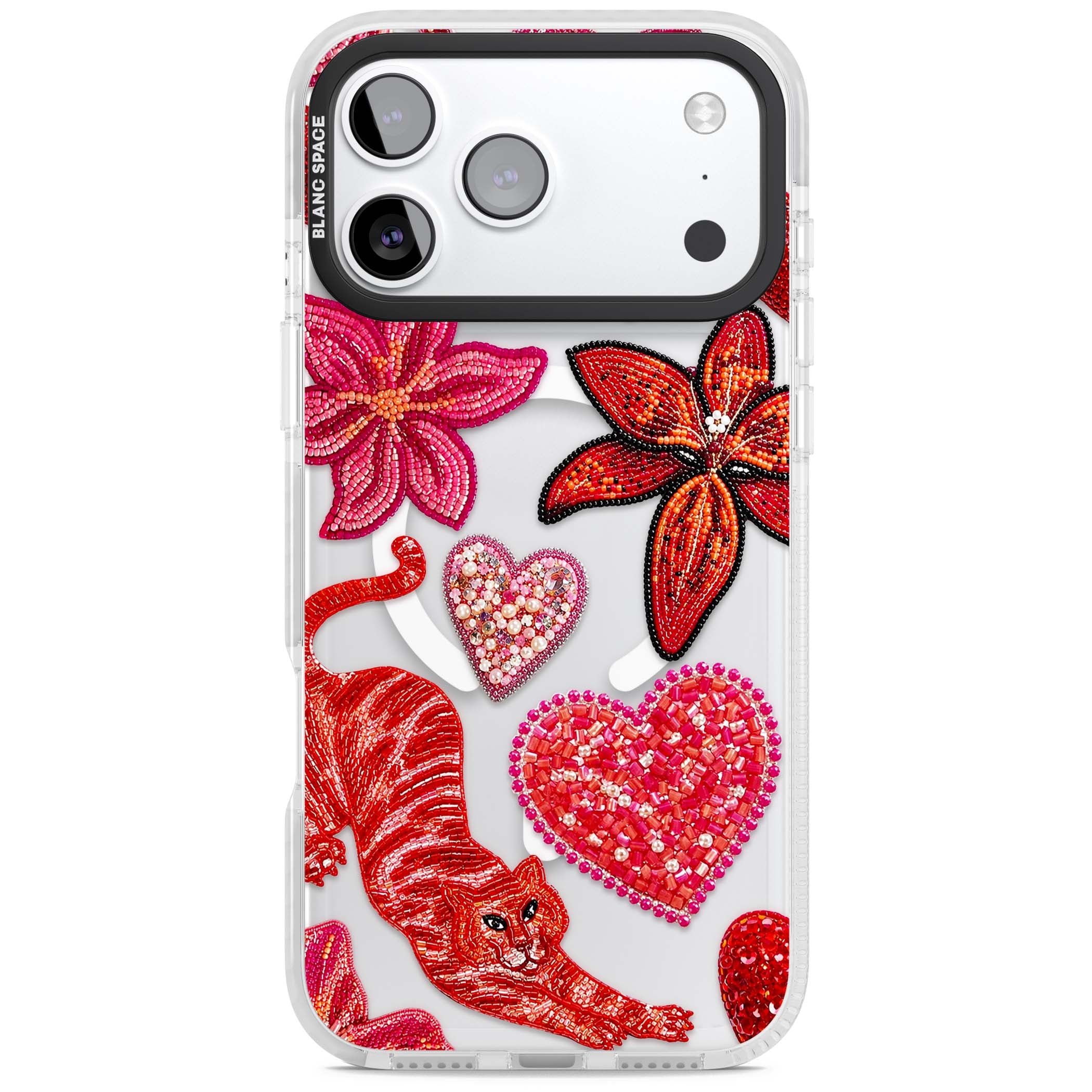 Beaded Boho floral iPhone case featuring beaded red lilies, a stitched tiger, and pearl-encrusted hearts on clear | Impact Magsafe case for iPhone 17 Pro, iPhone 17 Pro Max