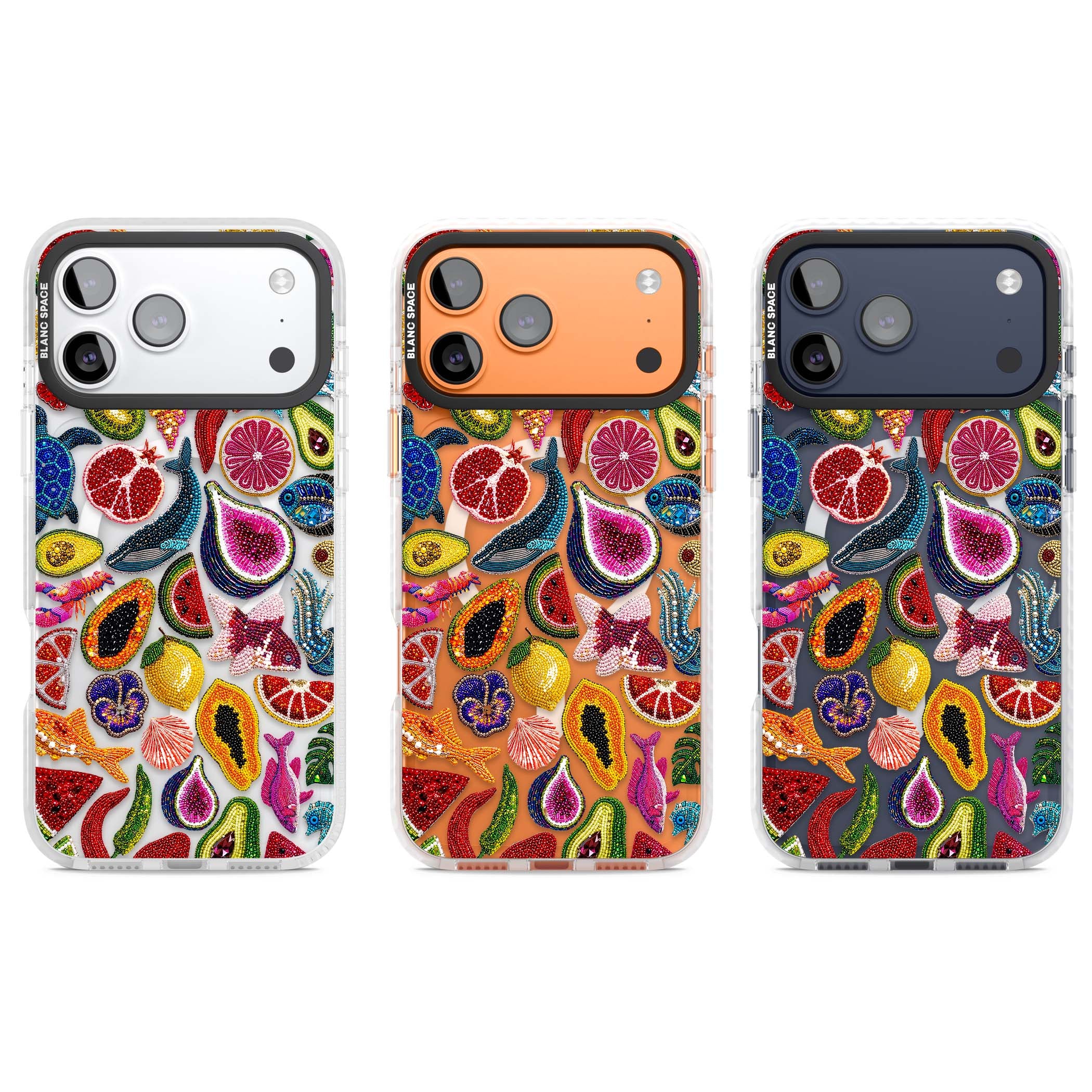 Beaded Tropic tropical iPhone case featuring beaded fruit, fish, crabs and seashells in vibrant colour | Impact Magsafe case for iPhone 17 Pro, iPhone 17 Pro Max