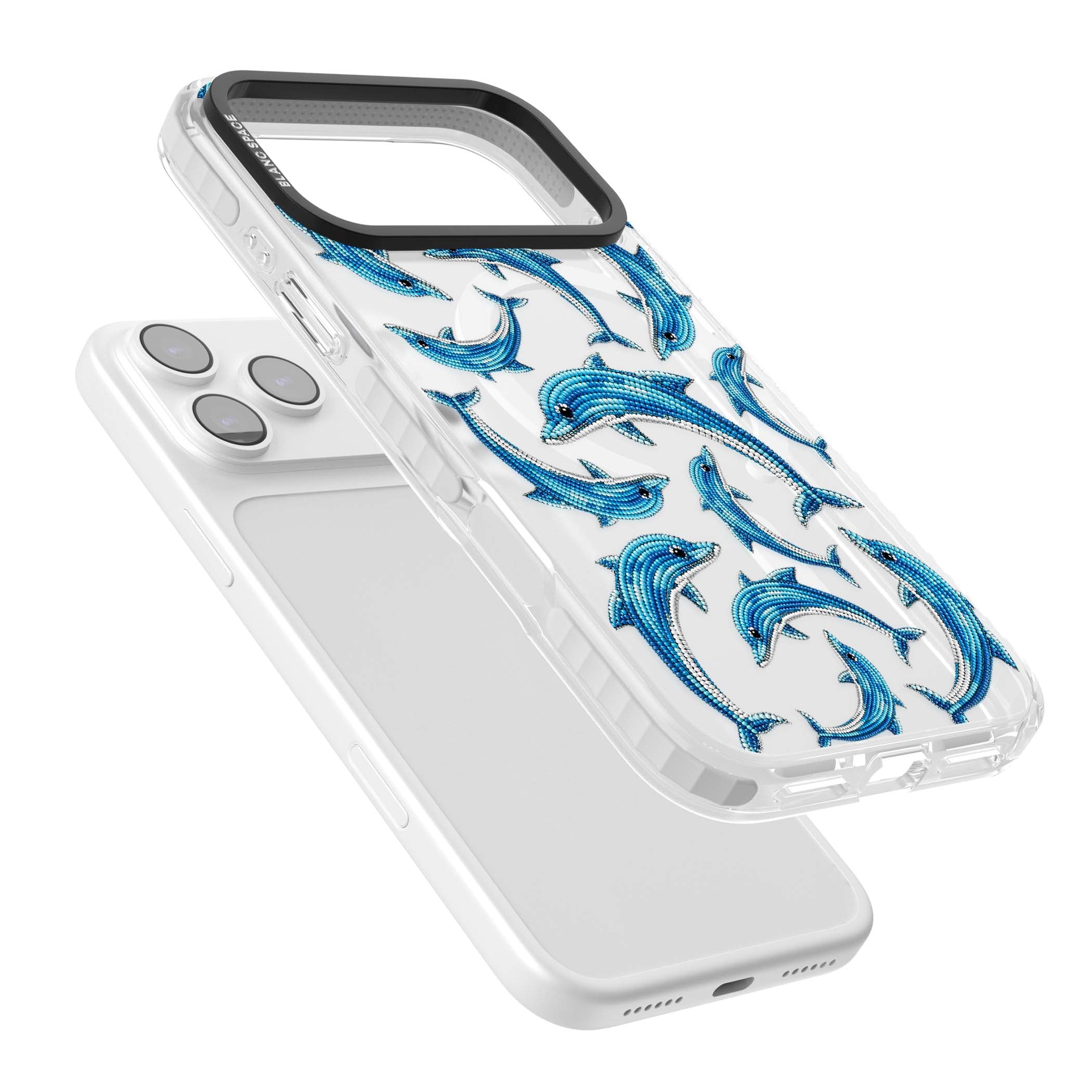 Beaded Dolphins coastal iPhone case featuring beaded dolphins in blue and white swimming across a clear background | Impact Magsafe case for iPhone 17 Pro, iPhone 17 Pro Max