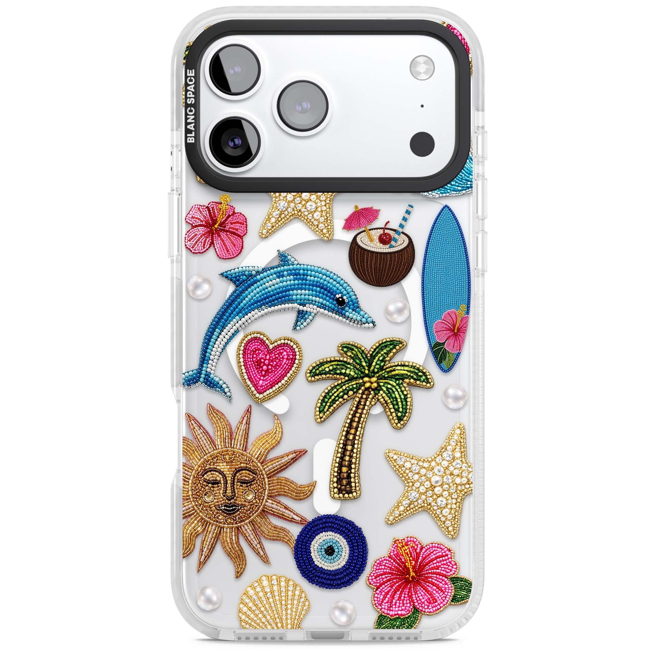 Beaded Beach coastal summer iPhone case featuring embroidered evil eye, hibiscus flowers, dolphin and palm tree patches | Impact Magsafe case for iPhone 17 Pro, iPhone 17 Pro Max