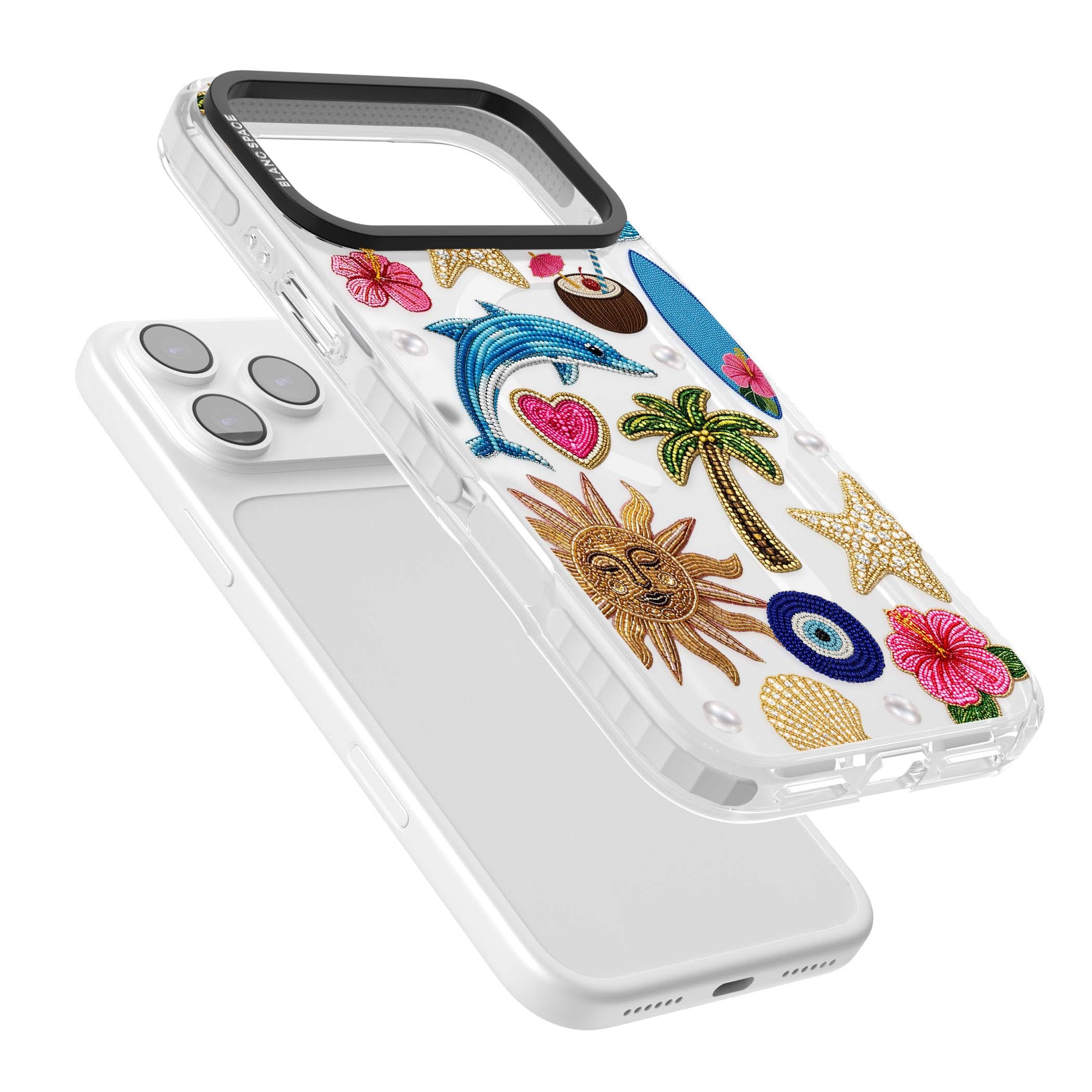 Beaded Beach coastal summer iPhone case featuring embroidered evil eye, hibiscus flowers, dolphin and palm tree patches | Impact Magsafe case for iPhone 17 Pro, iPhone 17 Pro Max