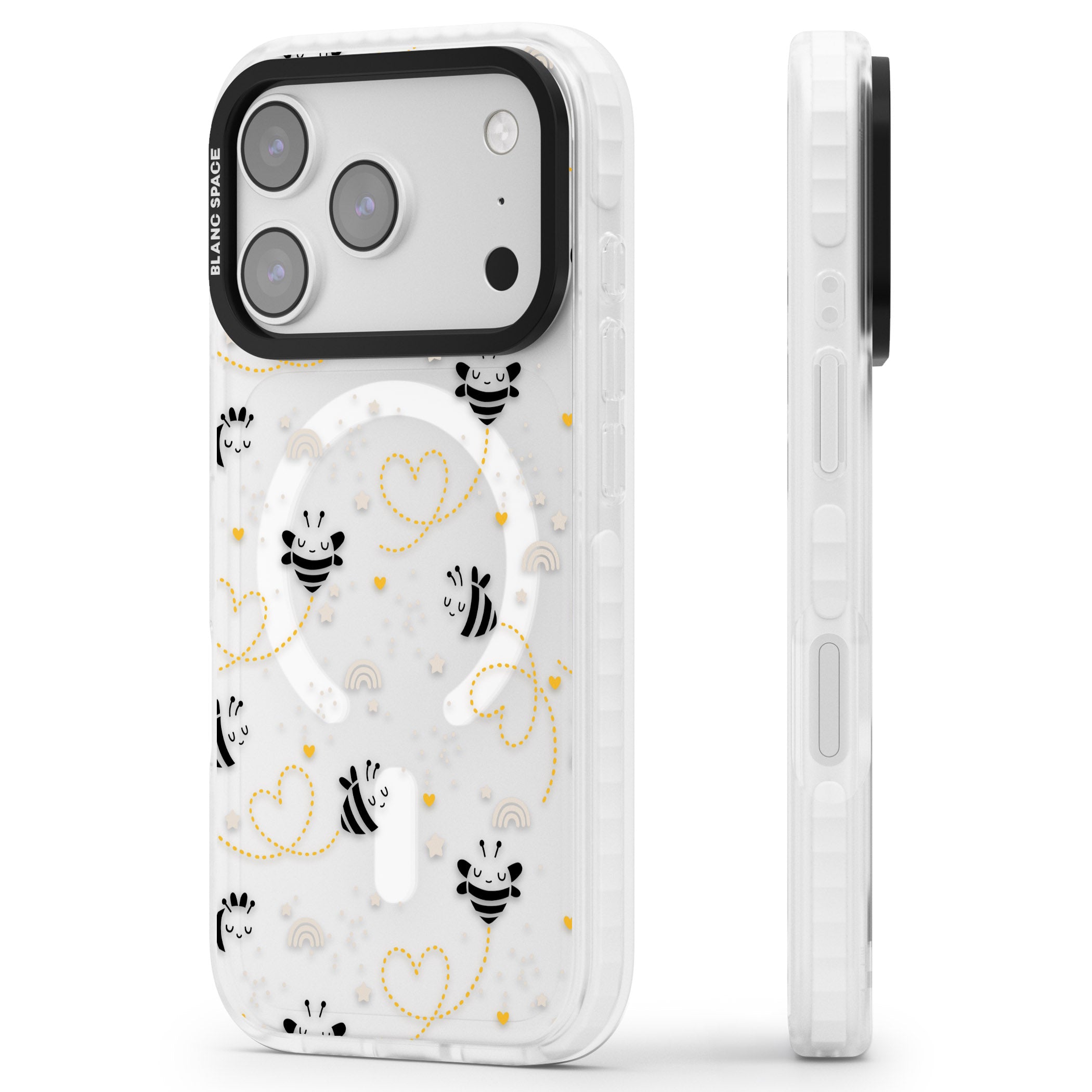 Bee Hearts Pattern iPhone 17 Pro Impact Pro Clear Phone Case Side Profile