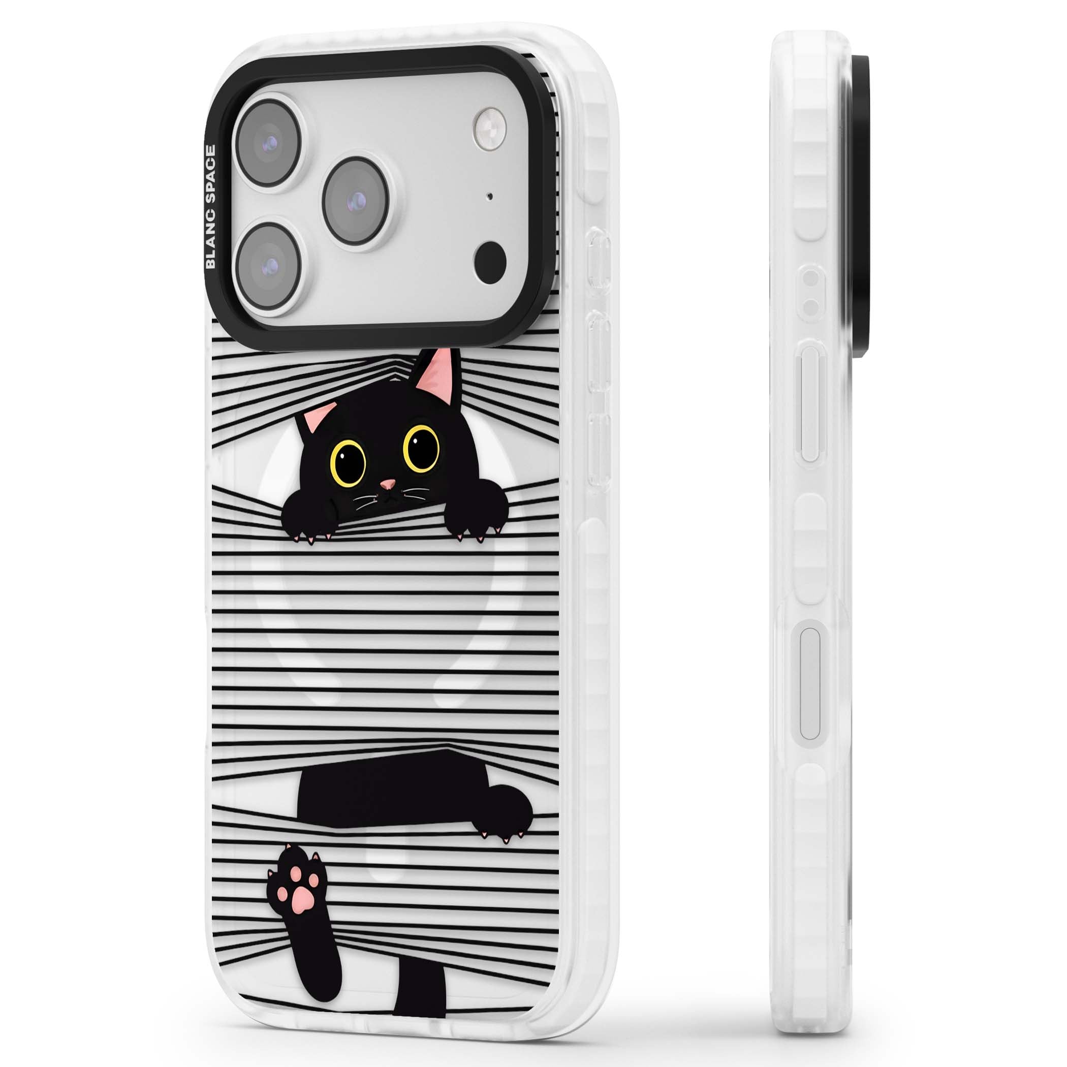 Peek-a-Boo Cat minimal iPhone case featuring black cat peeking through horizontal black and white stripes | Impact Magsafe case for iPhone 17 Pro, iPhone 17 Pro Max