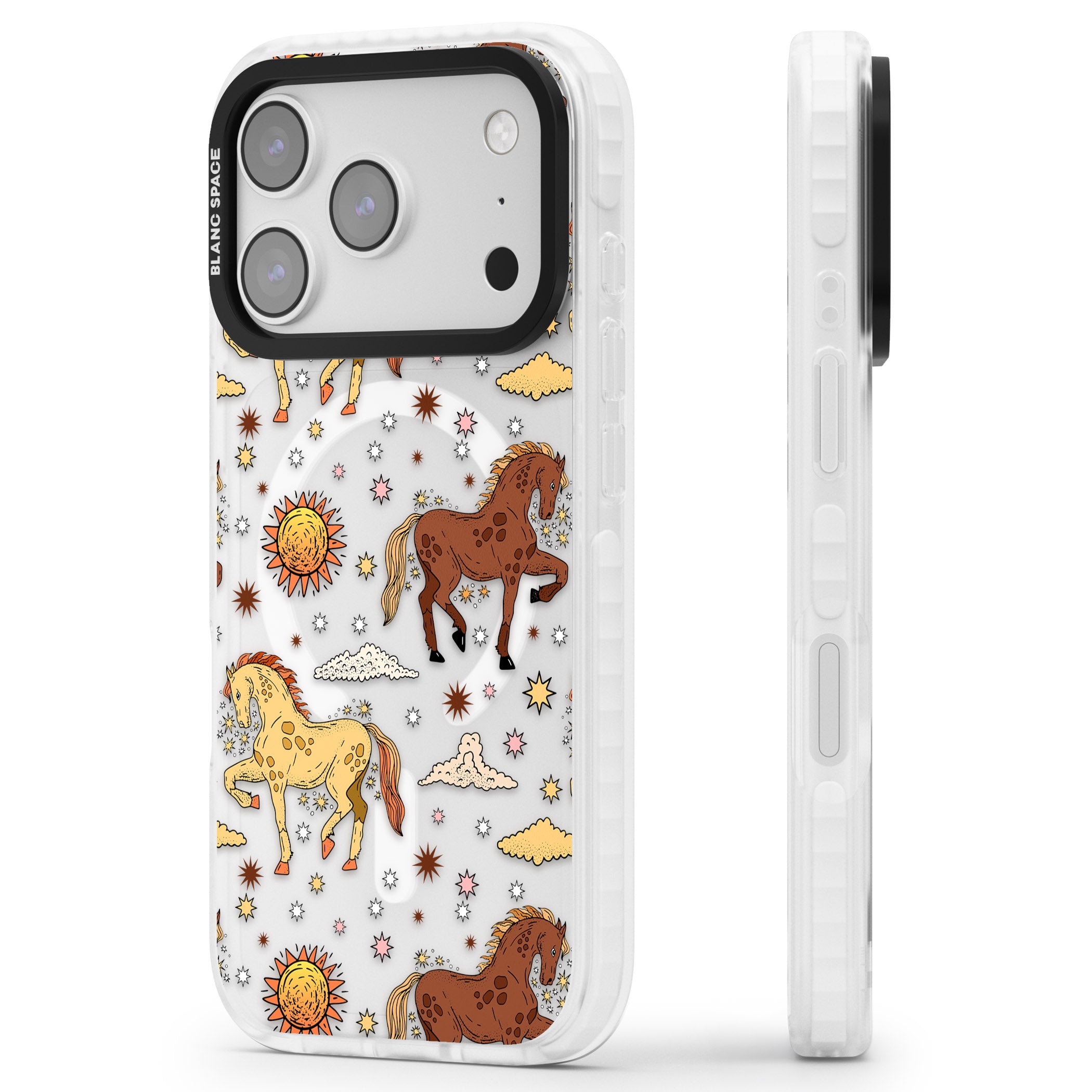 Boho Celestial Wild Horses iPhone 17 Pro Impact Pro Clear Phone Case Side Profile