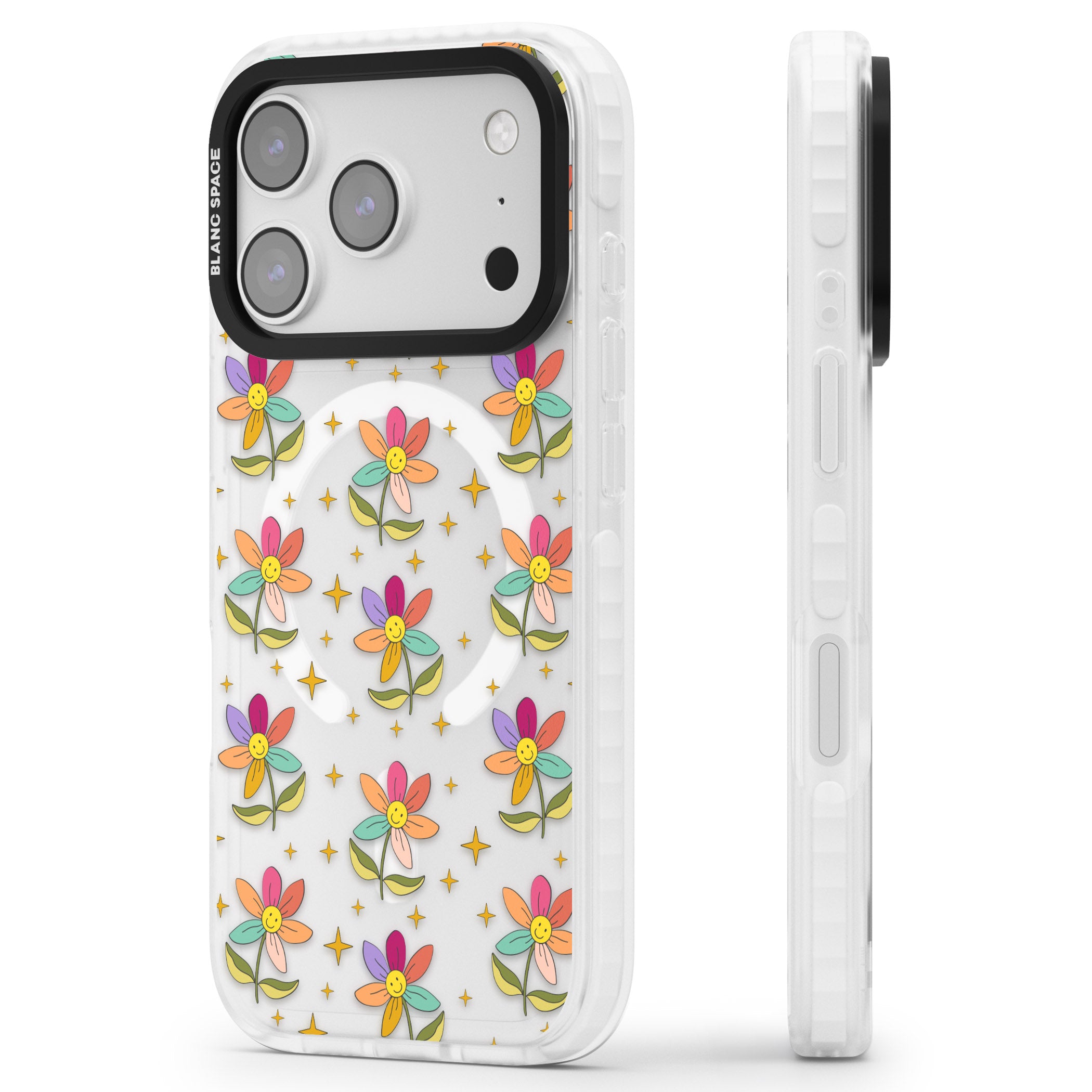 Boho Celestial Happy Flower iPhone 17 Pro Impact Pro Clear Phone Case Side Profile