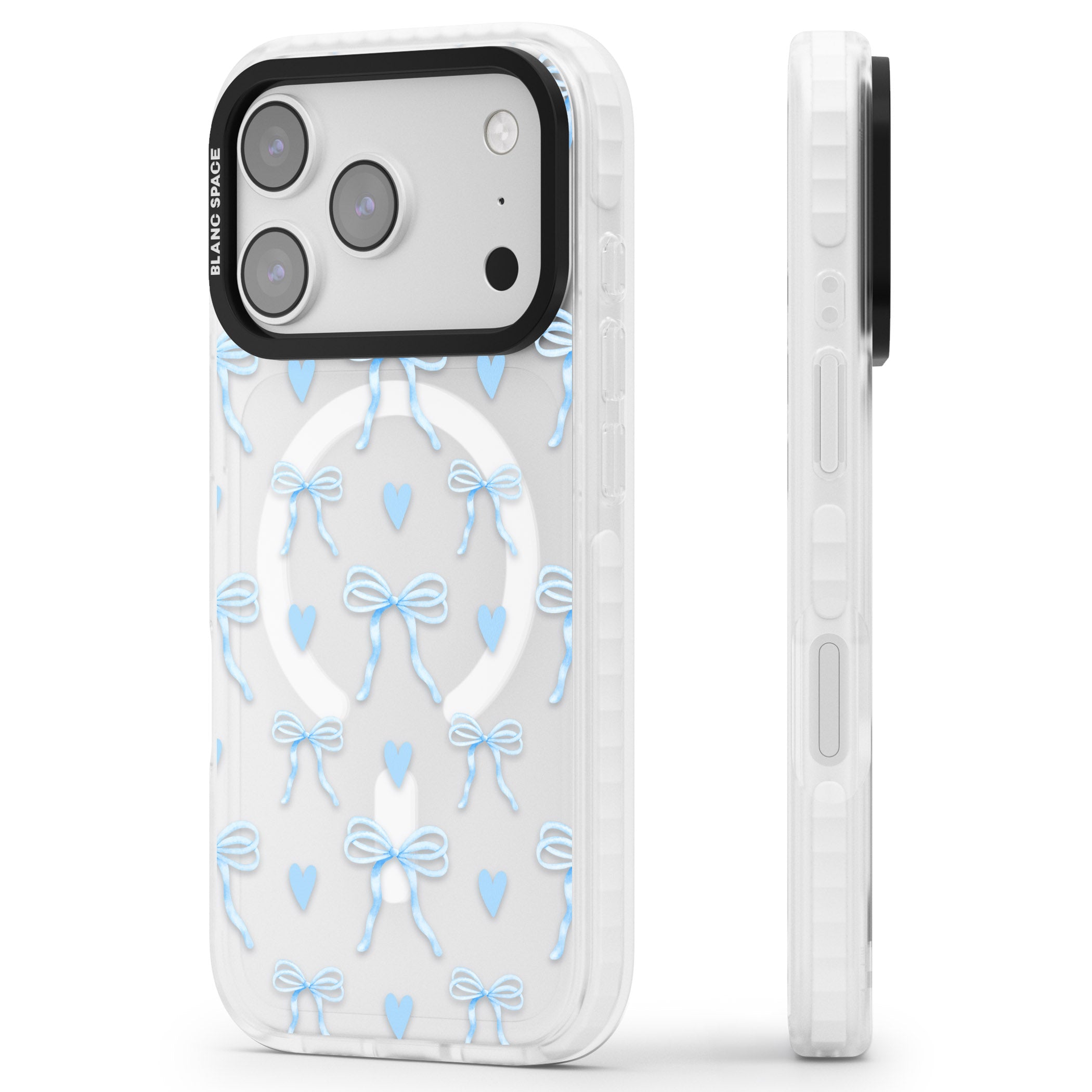 Blue Bows & Hearts iPhone 17 Pro Impact Pro Clear Phone Case Side Profile