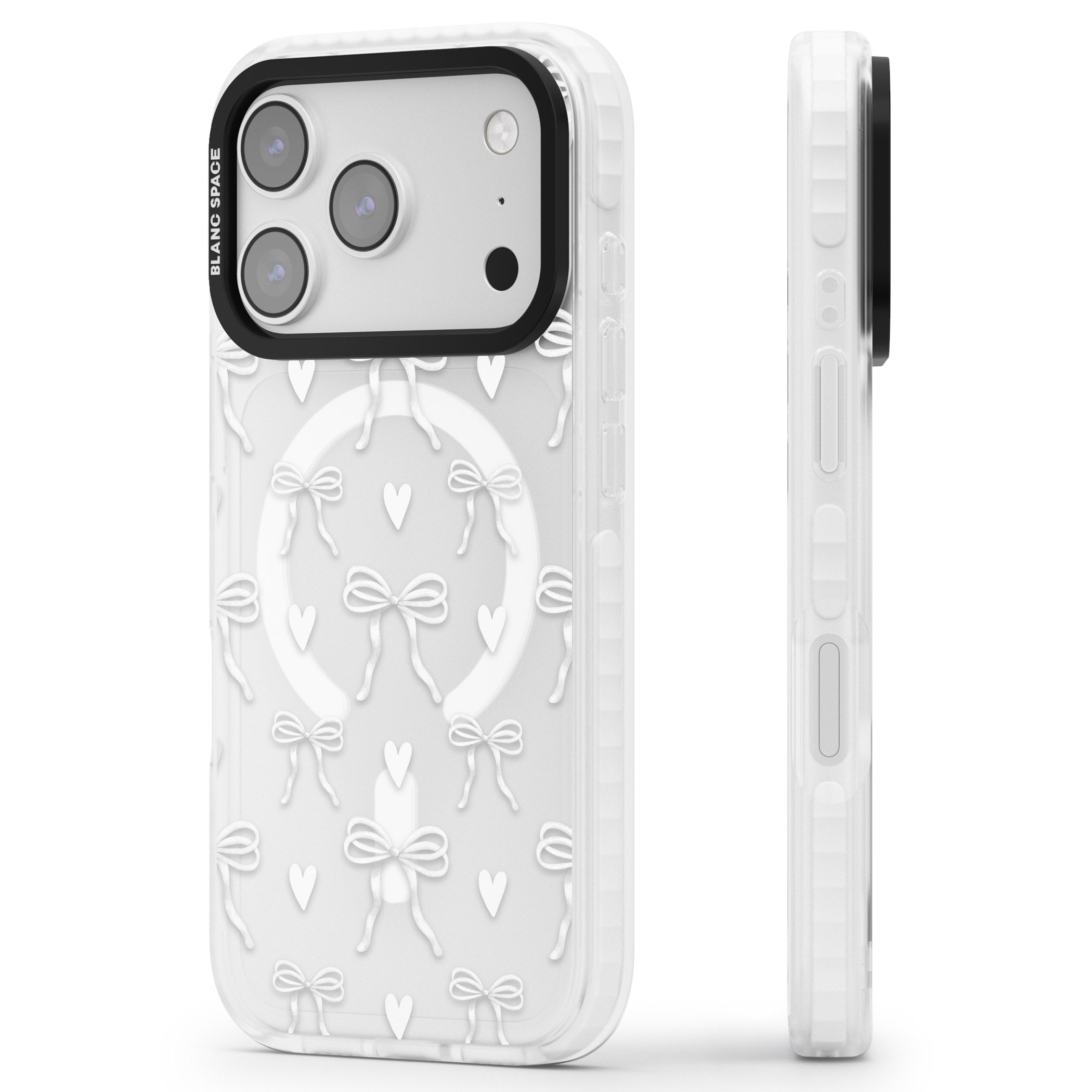 White Bows & Hearts iPhone 17 Pro Impact Pro Clear Phone Case Side Profile