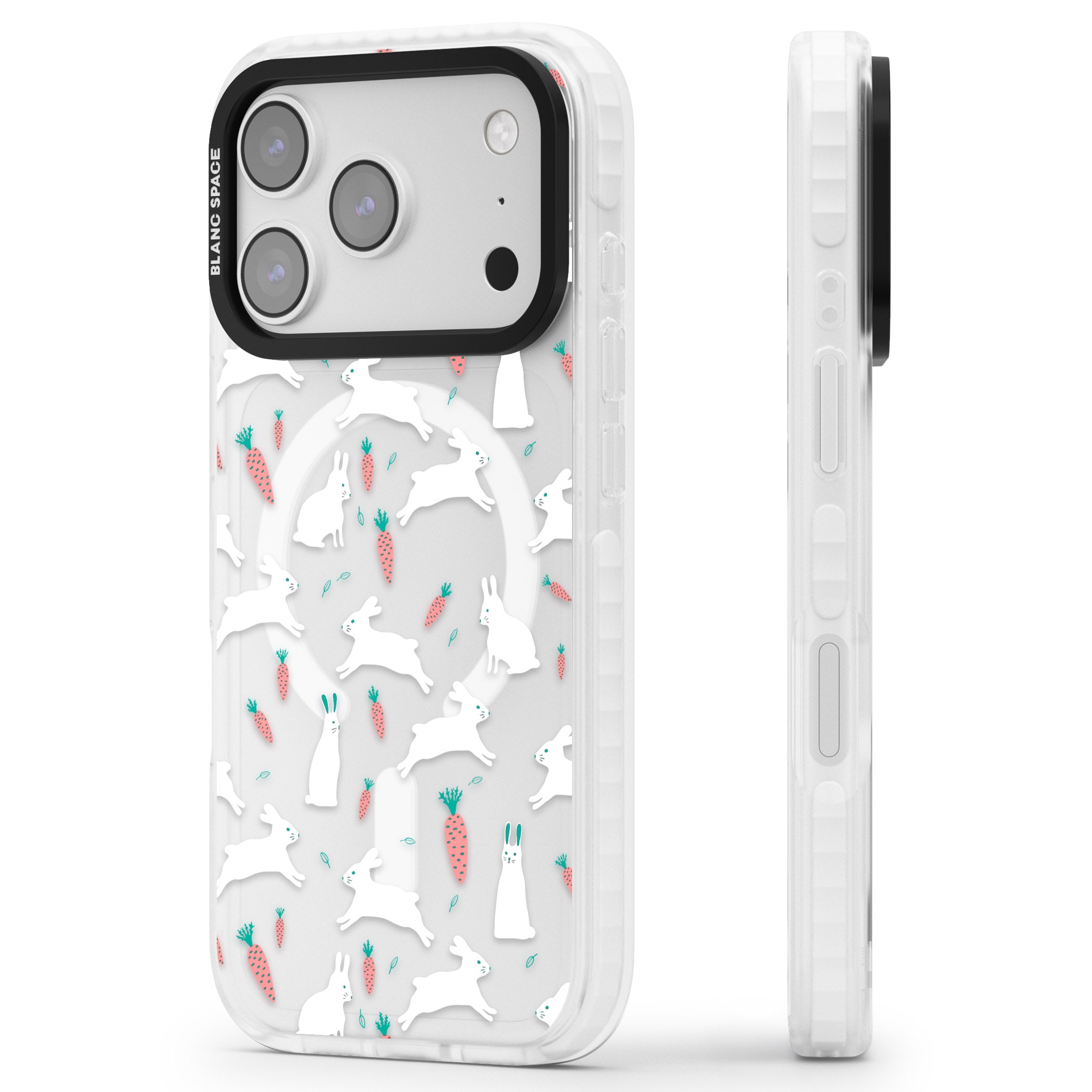 White Bunnies And Carrots iPhone 17 Pro Impact Pro Clear Phone Case Side Profile