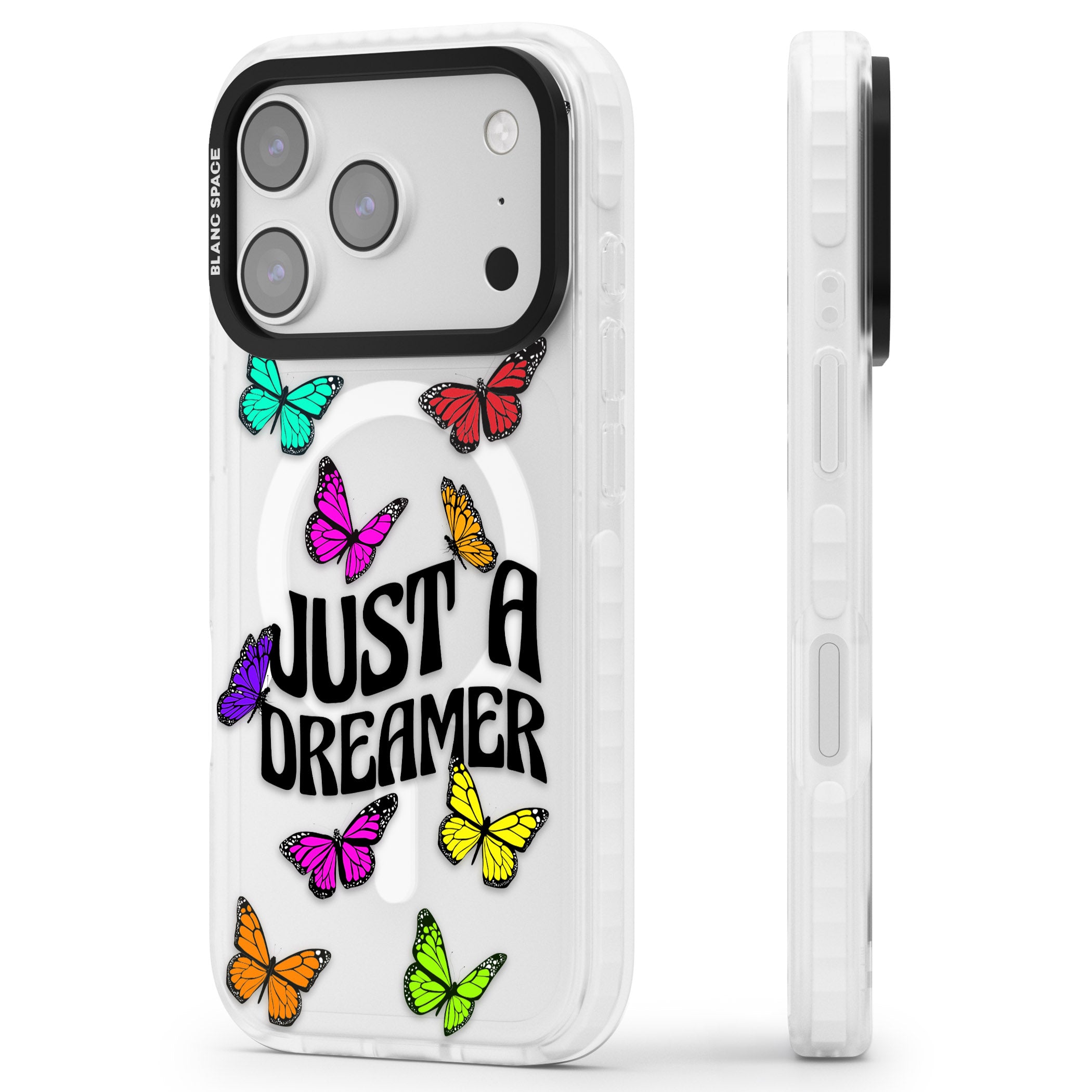 Just A Dreamer Butterfly iPhone 17 Pro Impact Pro Clear Phone Case Side Profile