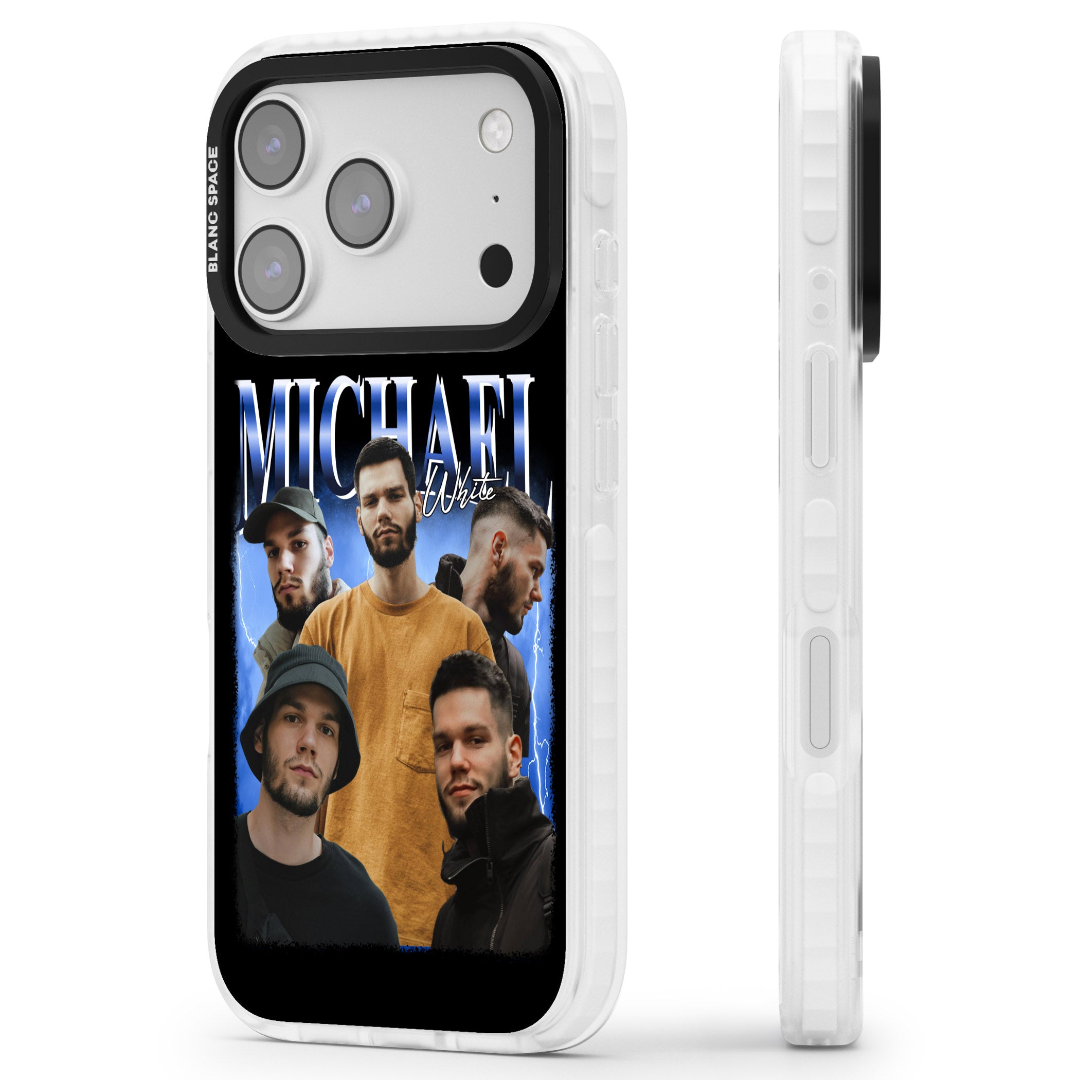 Personalised Airbrush Name & Photo Collage (Blue) iPhone 17 Pro Impact Pro Clear Phone Case Side Profile
