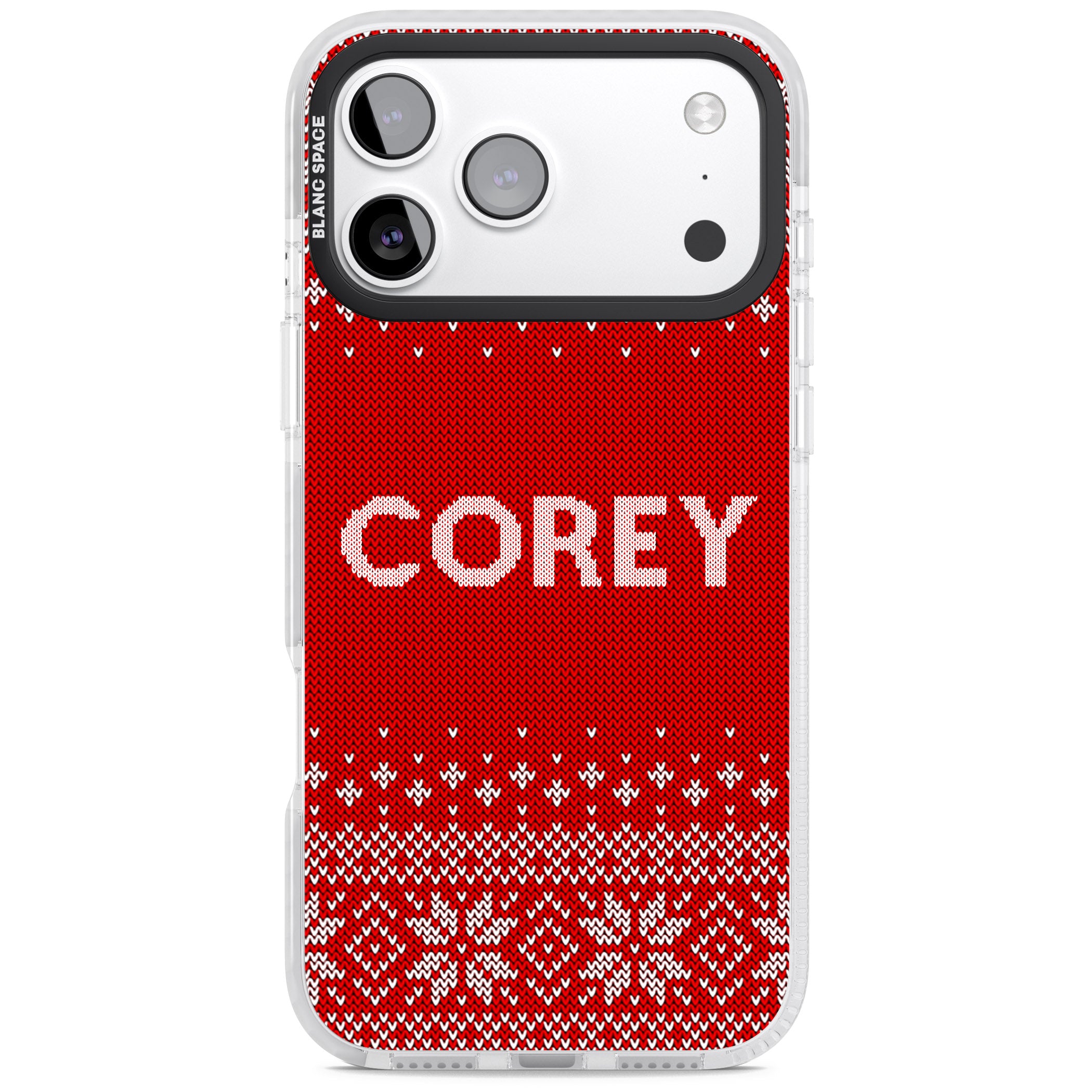 Personalised Red Christmas Knit iPhone 17 Pro Impact Pro Clear Phone Case