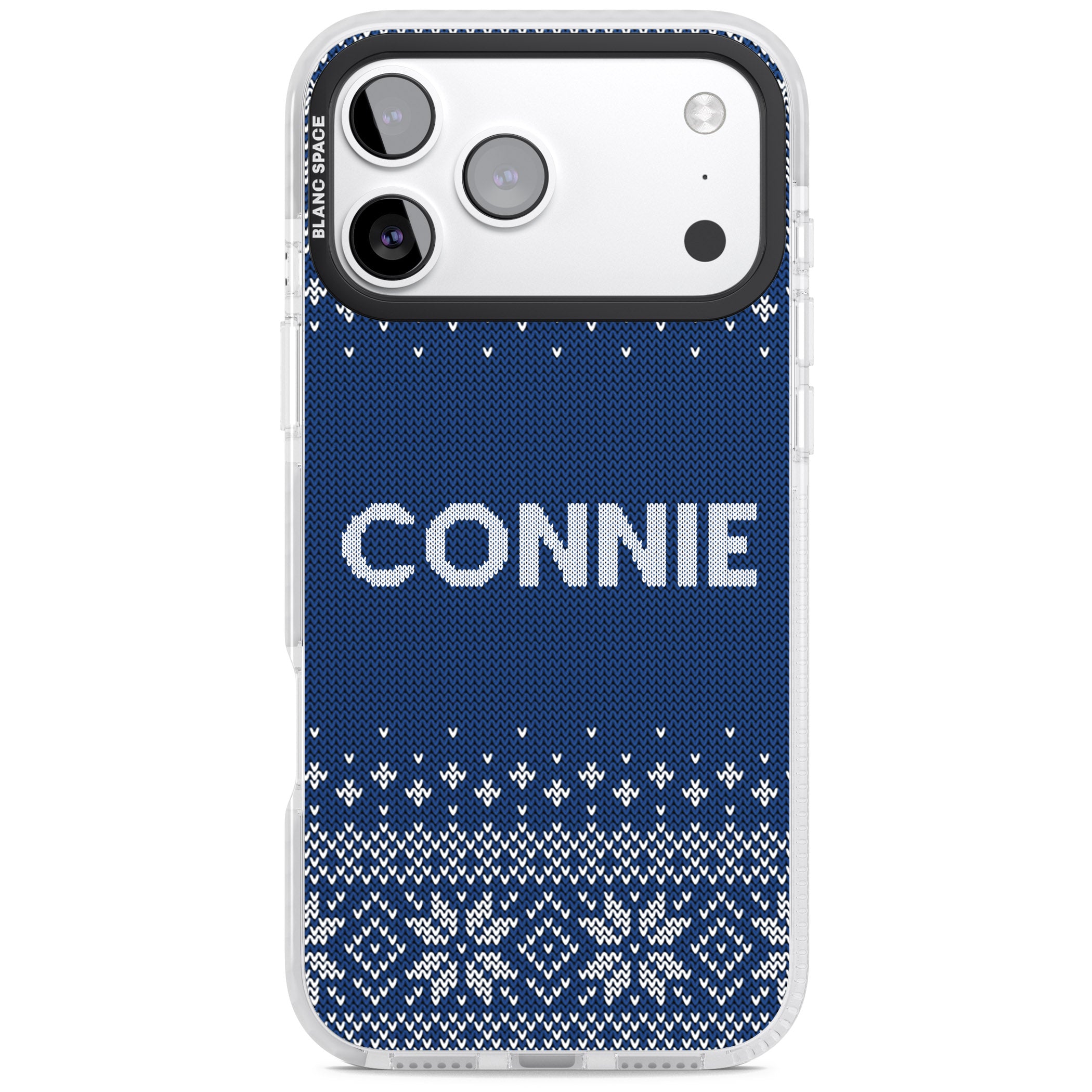 Personalised Blue Knitted Christmas iPhone 17 Pro Impact Pro Clear Phone Case