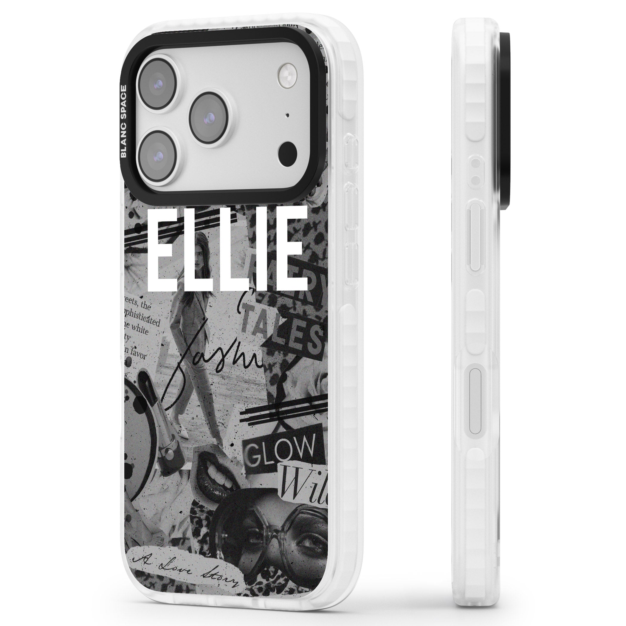 Personalised Grey Scale Vintage Collage iPhone 17 Pro Impact Pro Clear Phone Case Side Profile