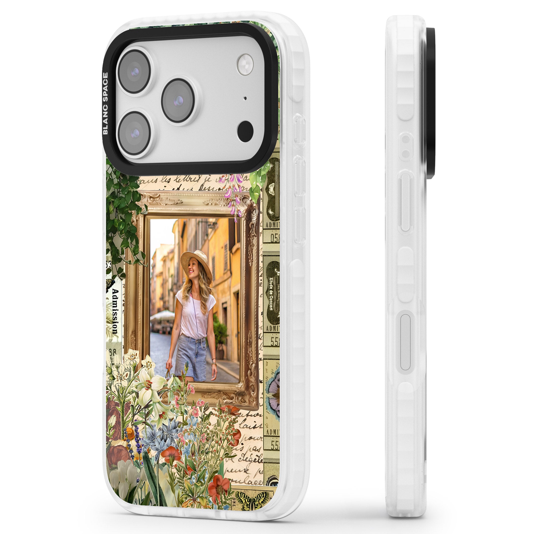 Personalised Tuscan Floral Collage Frame iPhone 17 Pro Impact Pro Clear Phone Case Side Profile