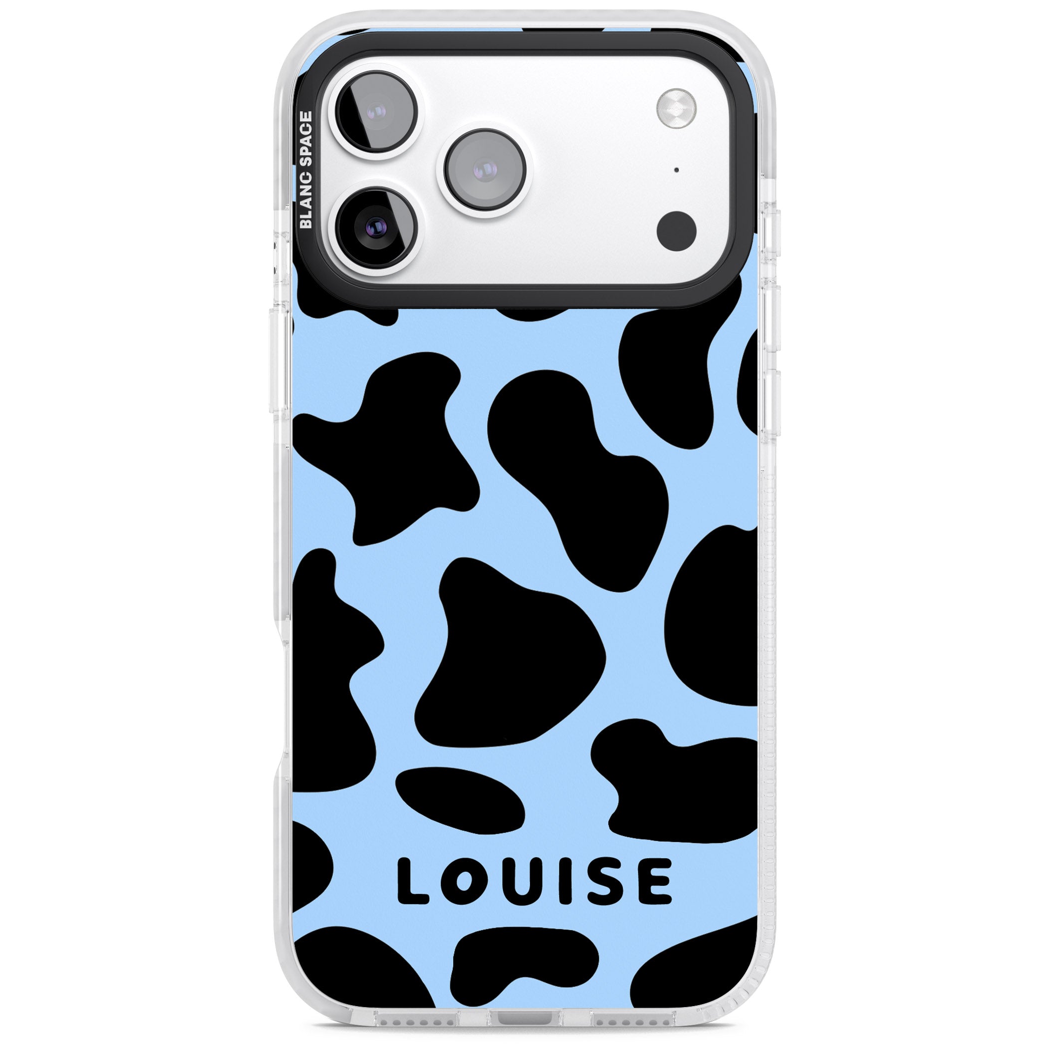 Personalised Blue And Black Cow Print iPhone 17 Pro Impact Pro Clear Phone Case