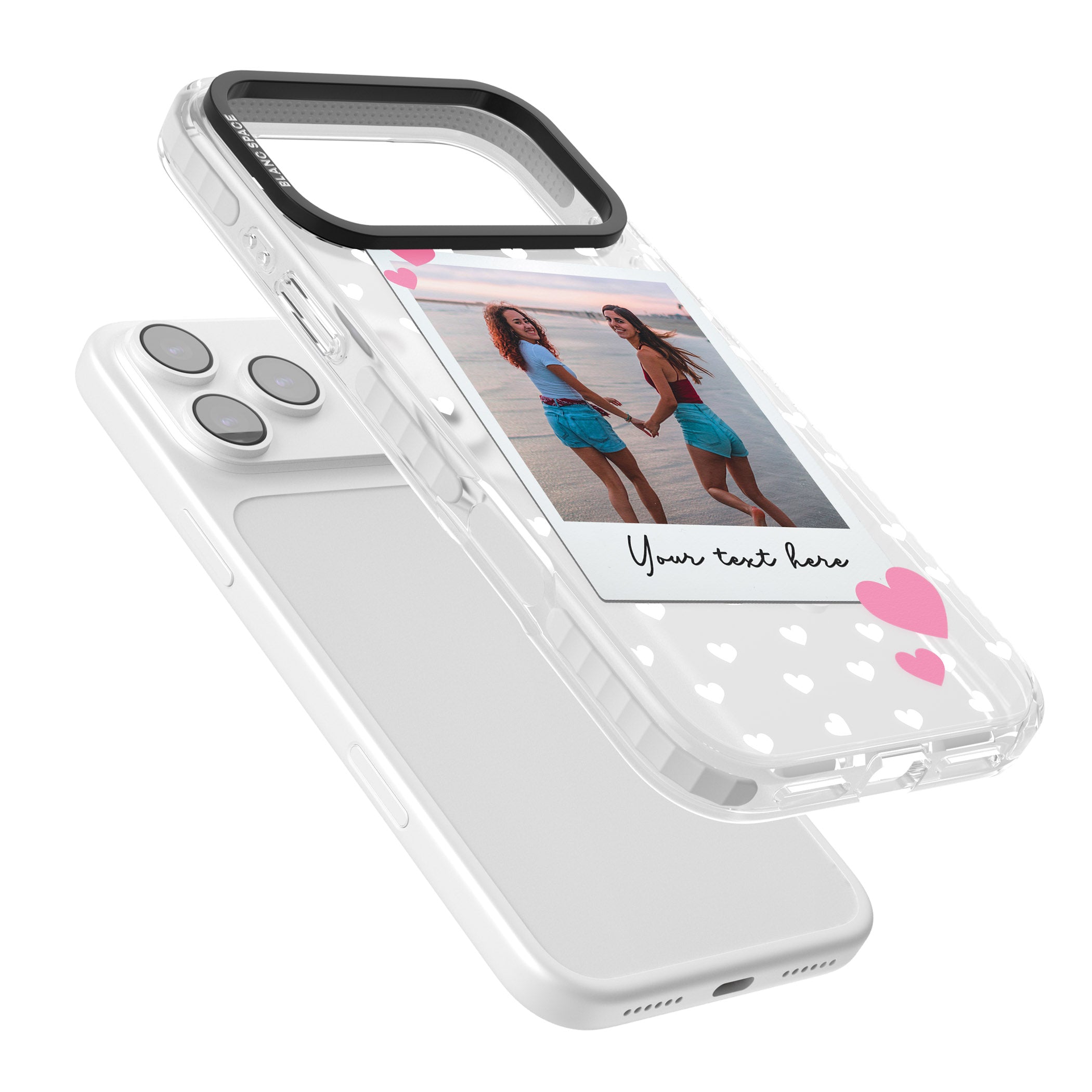 Personalised Hearts Instant Camera Photo iPhone 17 Pro Impact Pro Clear Phone Case Colours