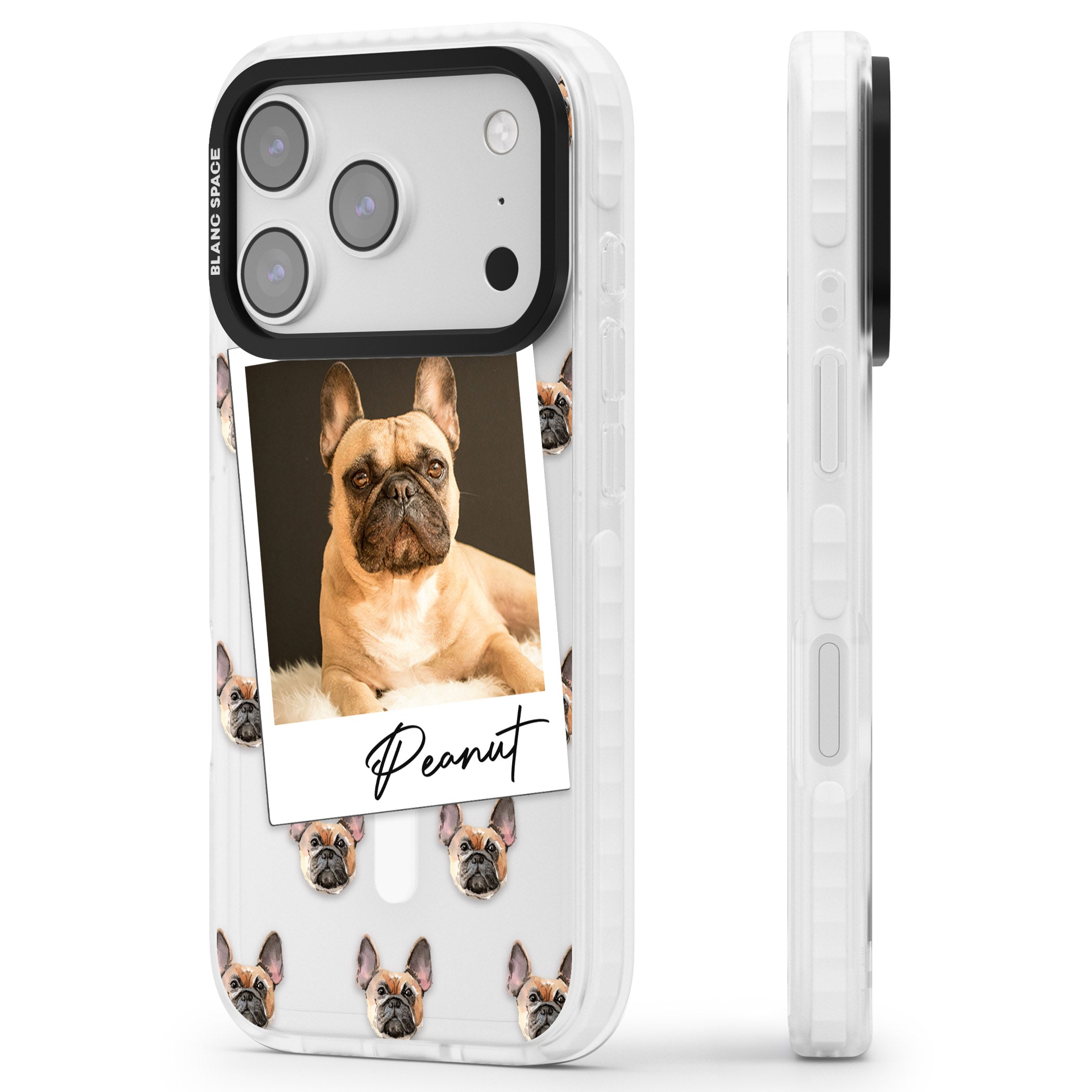 Personalised Tan French Bulldog Instant Camera Photo iPhone 17 Pro Impact Pro Clear Phone Case Side Profile