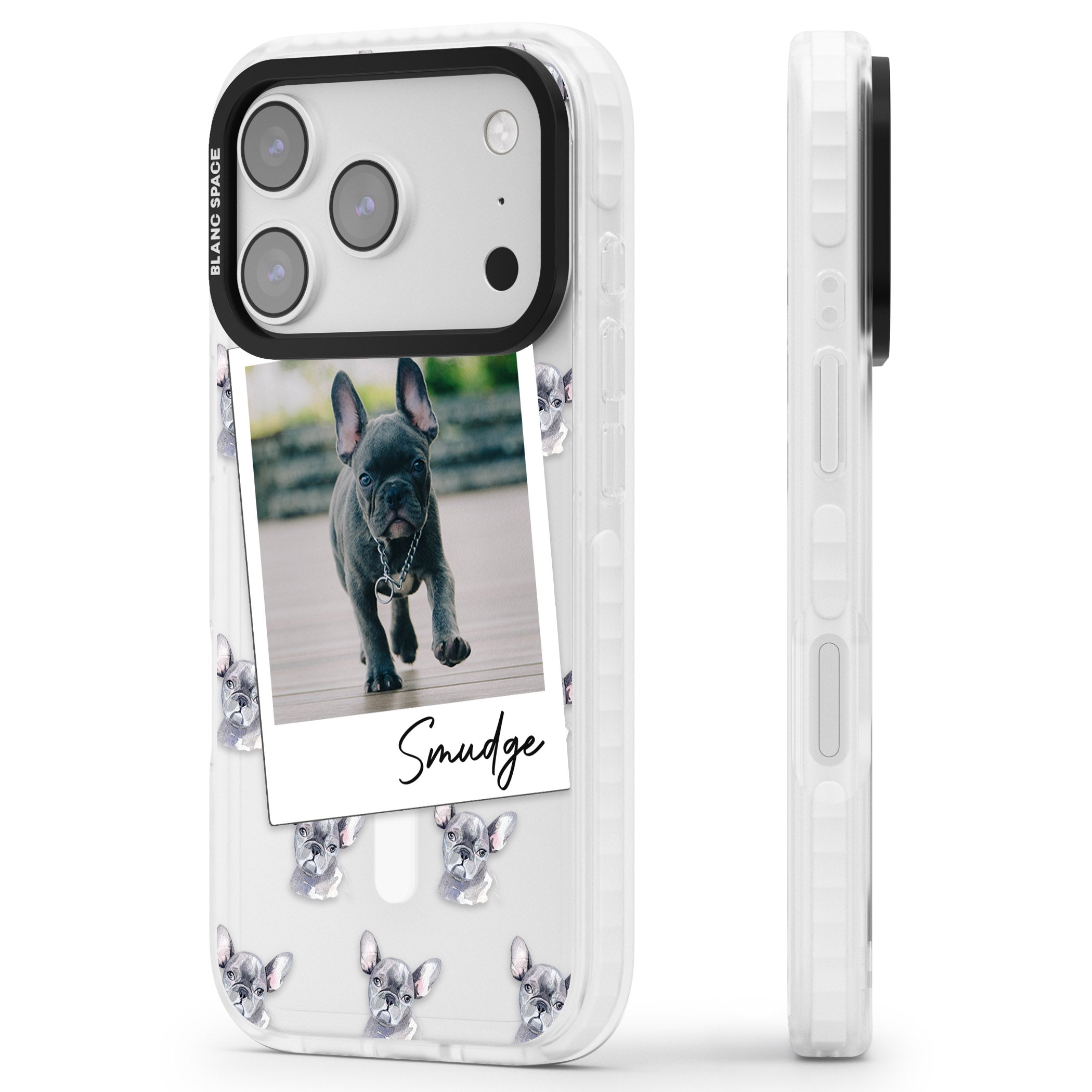 Personalised Grey French Bulldog Instant Camera Photo iPhone 17 Pro Impact Pro Clear Phone Case Side Profile