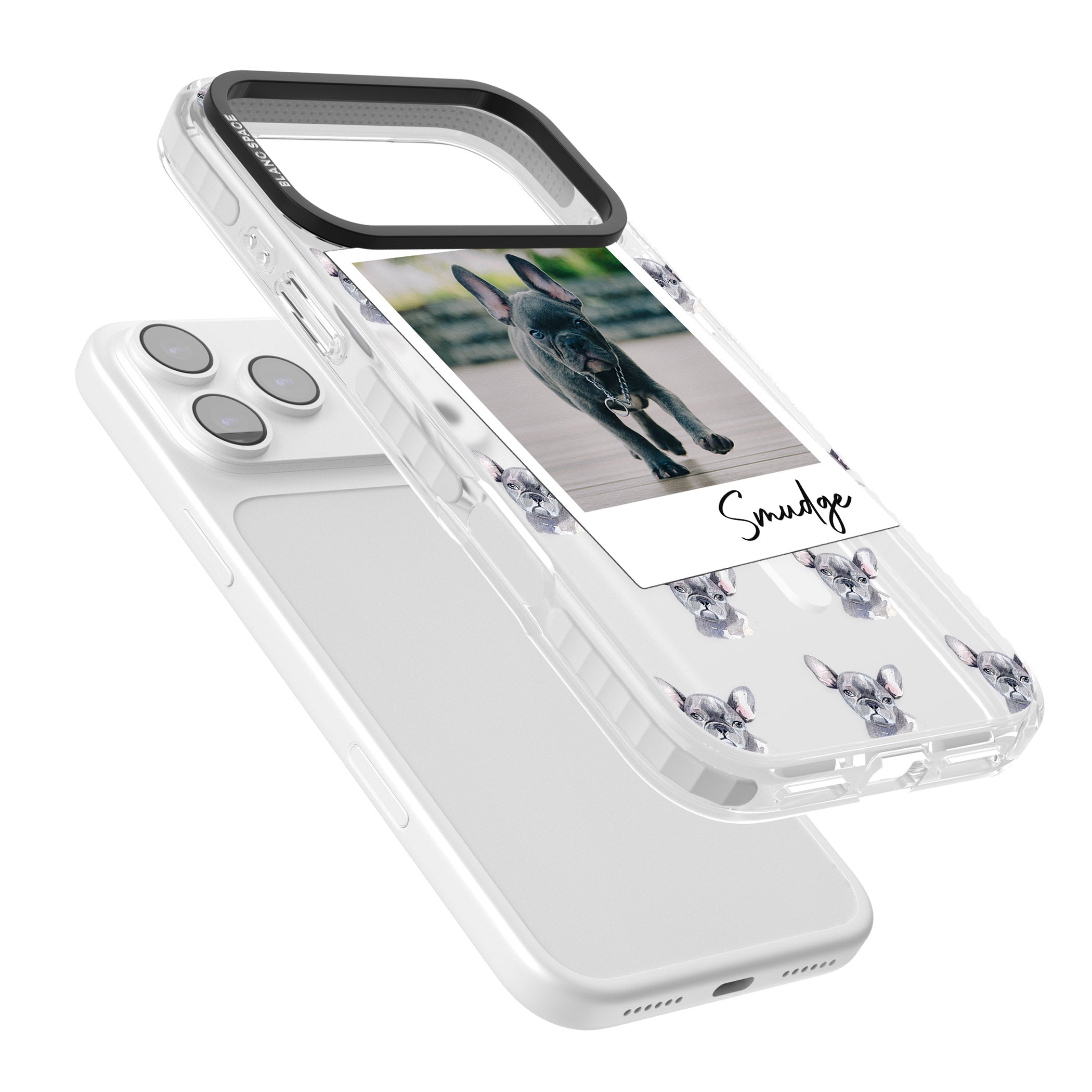 Personalised Grey French Bulldog Instant Camera Photo iPhone 17 Pro Impact Pro Clear Phone Case Colours