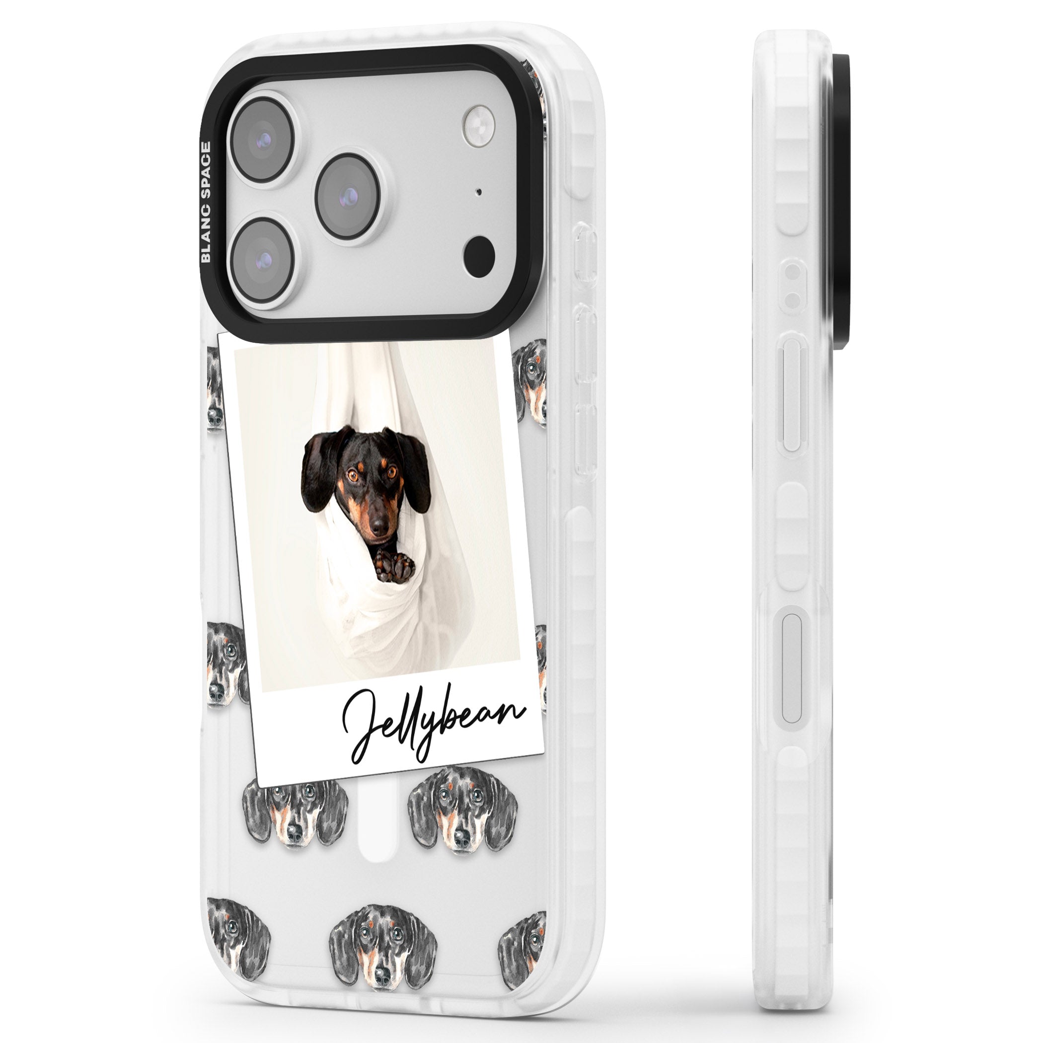 Personalised Black Dachshund Instant Camera Photo iPhone 17 Pro Impact Pro Clear Phone Case Side Profile