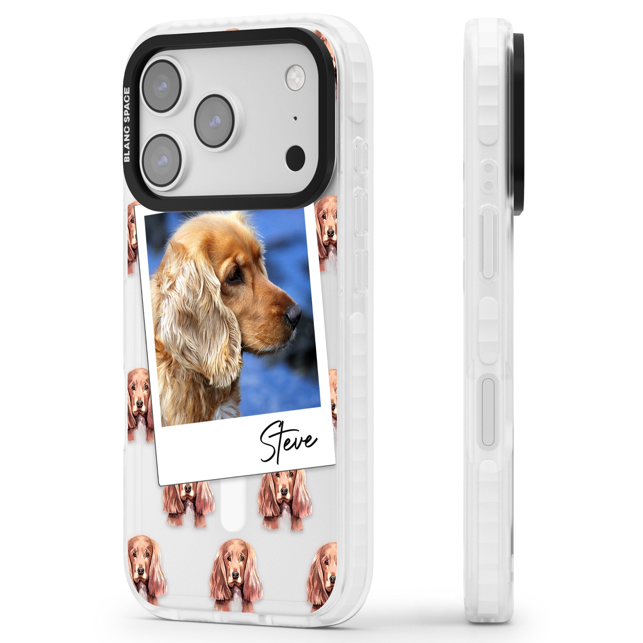 Personalised Cocker Spaniel Instant Camera Photo iPhone 17 Pro Impact Pro Clear Phone Case Side Profile