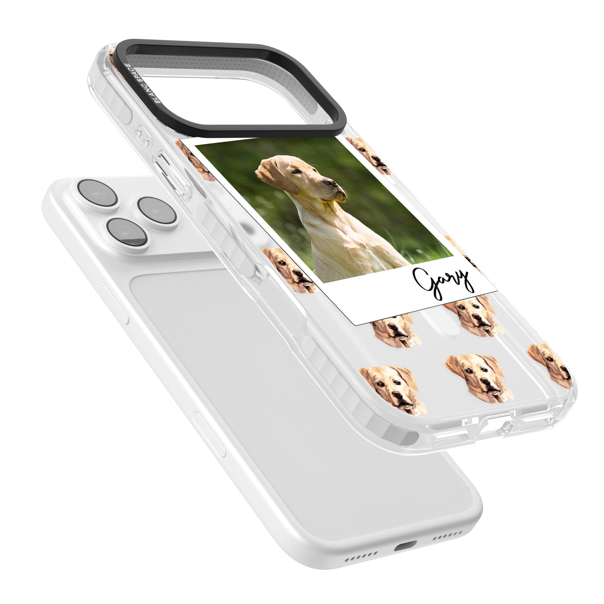 Personalised Tan Black Labrador Instant Camera Photo iPhone 17 Pro Impact Pro Clear Phone Case Colours