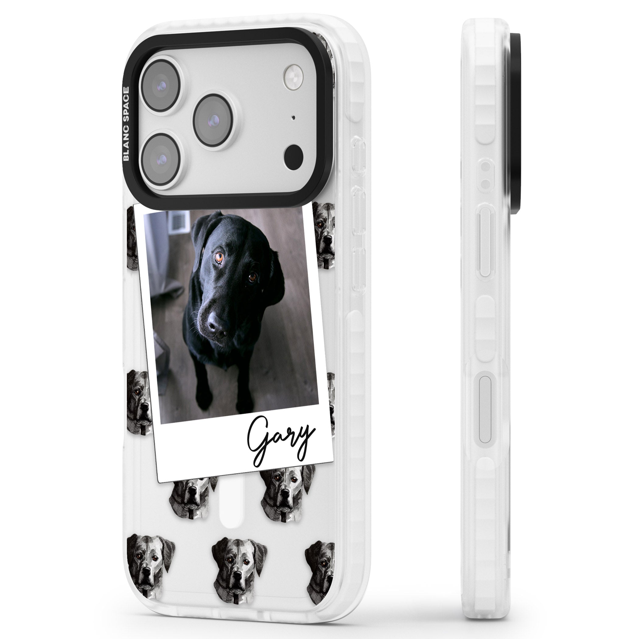 Personalised Black Labrador Instant Camera Photo iPhone 17 Pro Impact Pro Clear Phone Case Side Profile