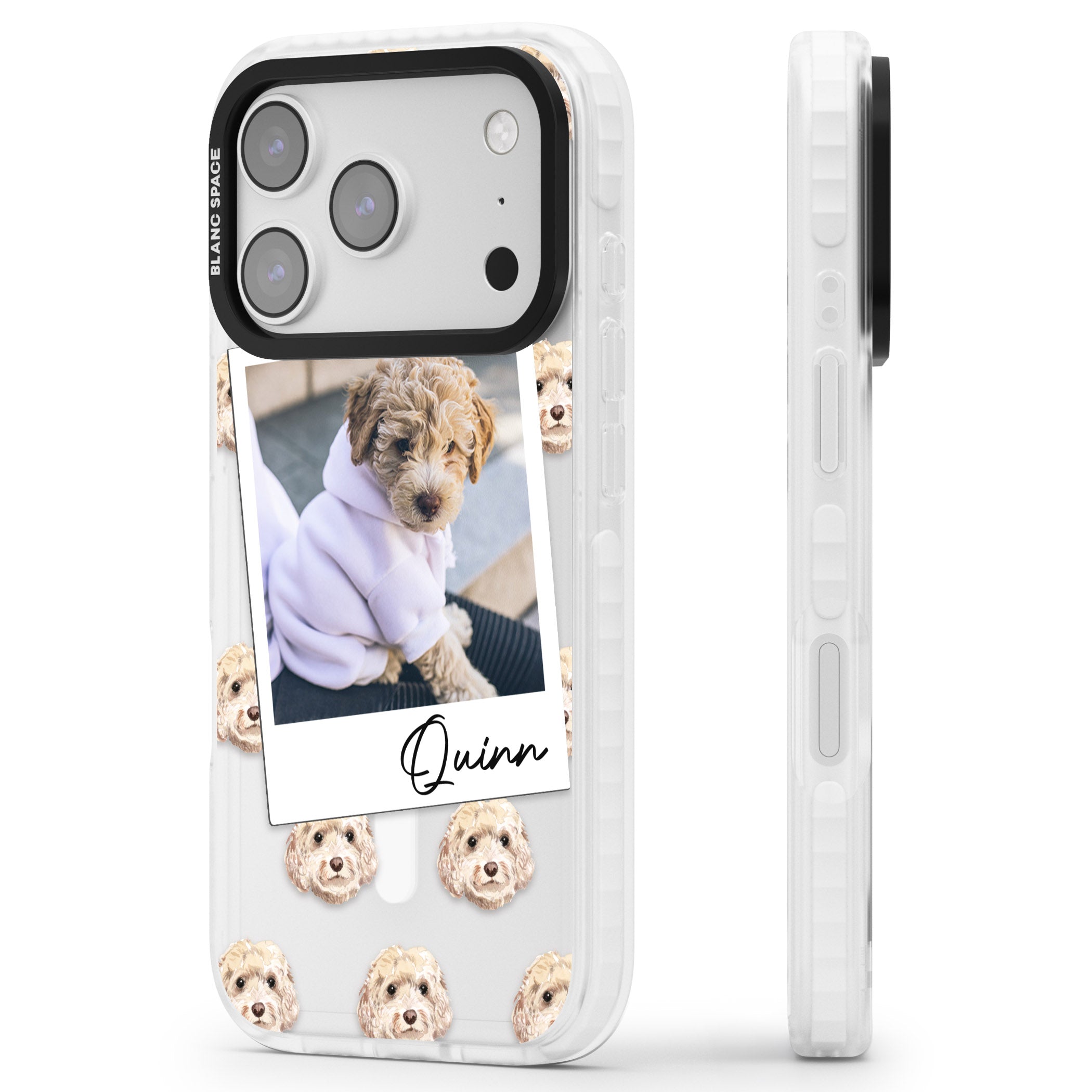 Personalised Cream Cockapoo Instant Camera Photo iPhone 17 Pro Impact Pro Clear Phone Case Side Profile